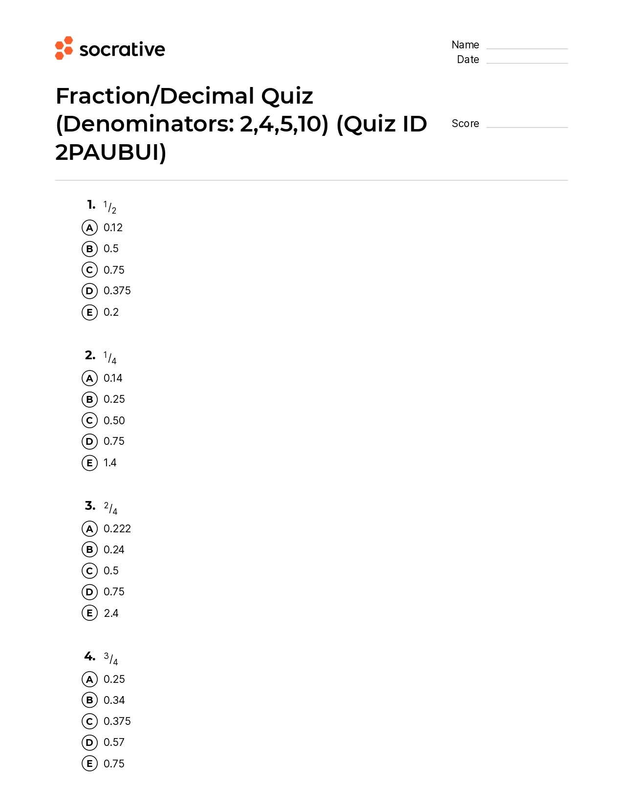 Fraction/Decimal Quiz (Denominators 24510)
