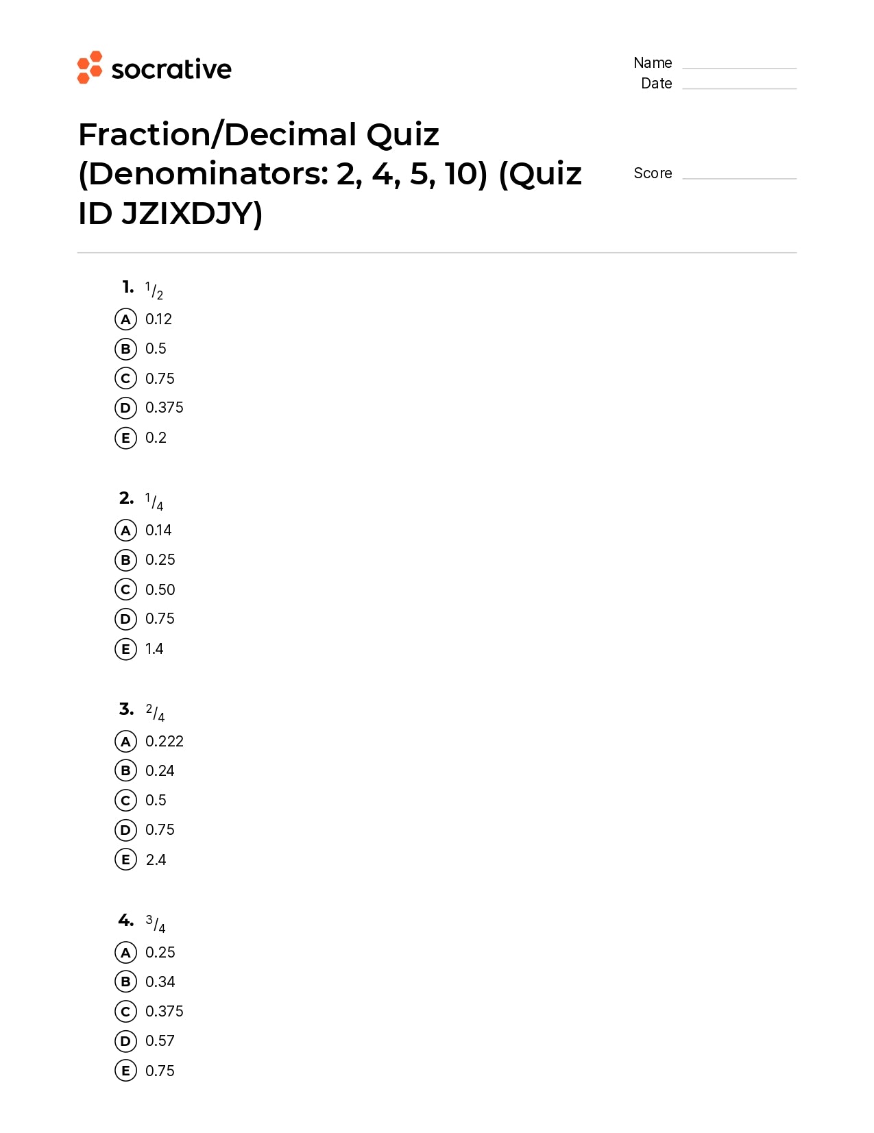Fraction/Decimal Quiz (Denominators 2 4 5 10)