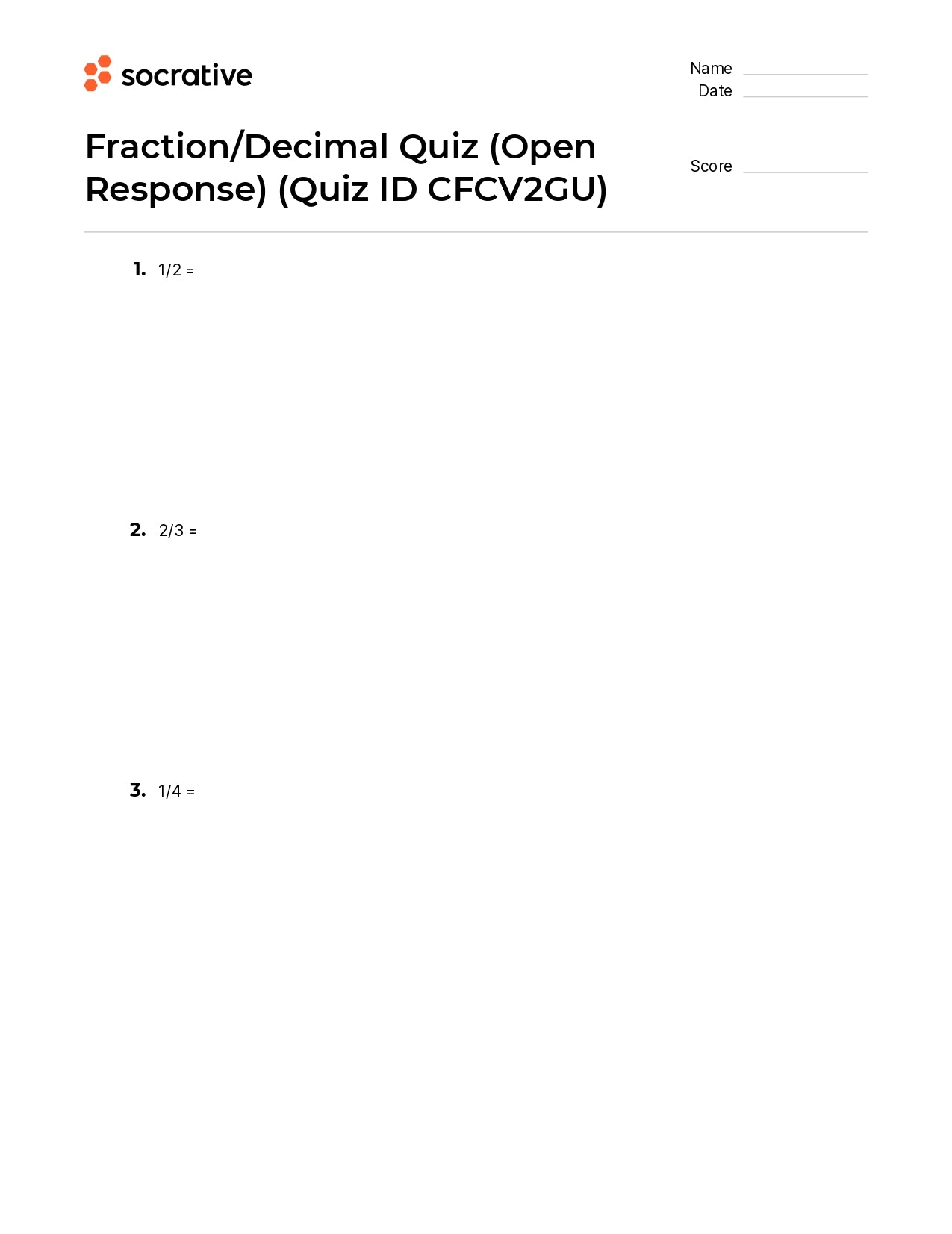 Fraction/Decimal Quiz (Open Response)