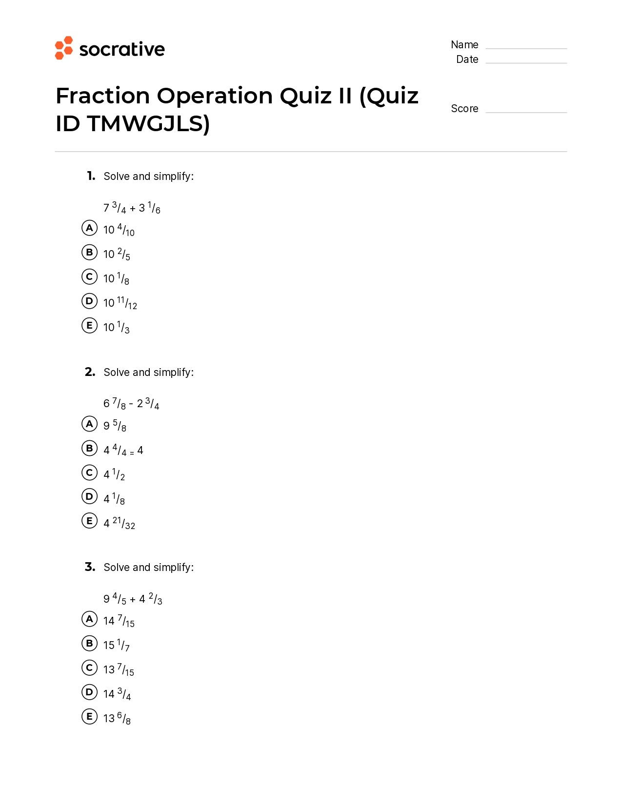 Fraction Operation Quiz Ii