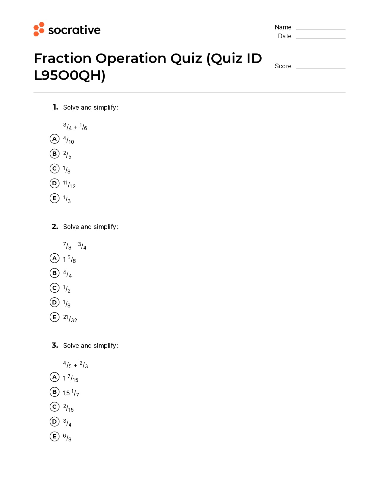Fraction Operation Quiz