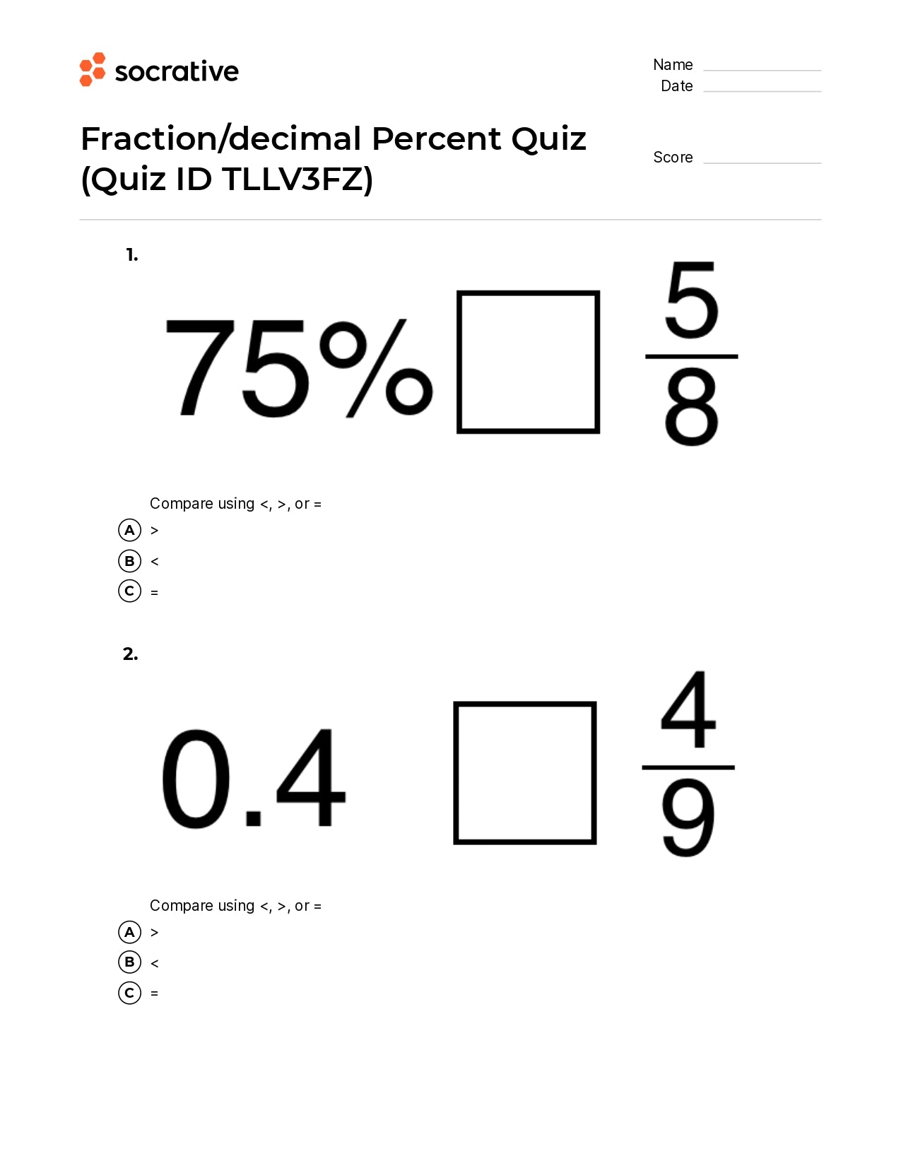 Fraction/Decimal Percent Quiz