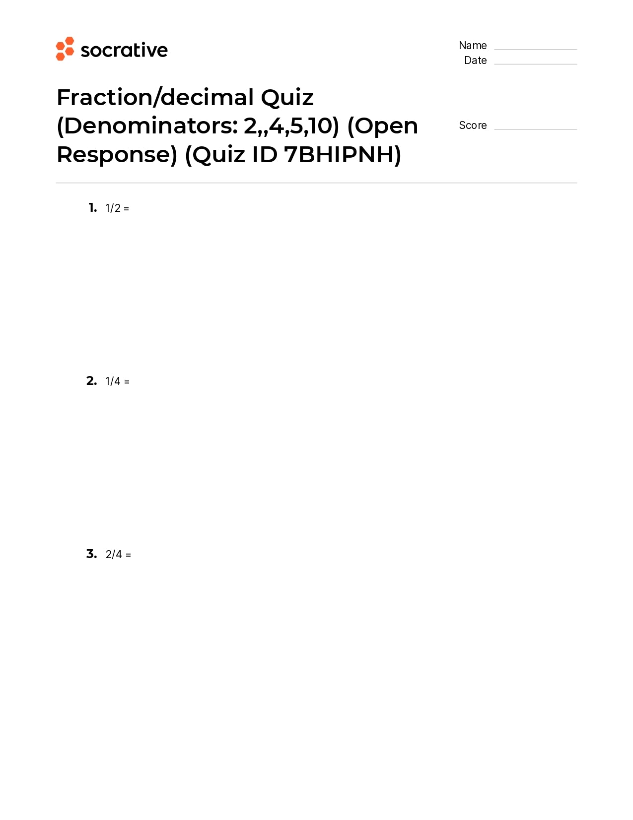 Fraction/Decimal Quiz (Denominators 24510) (Open Response)