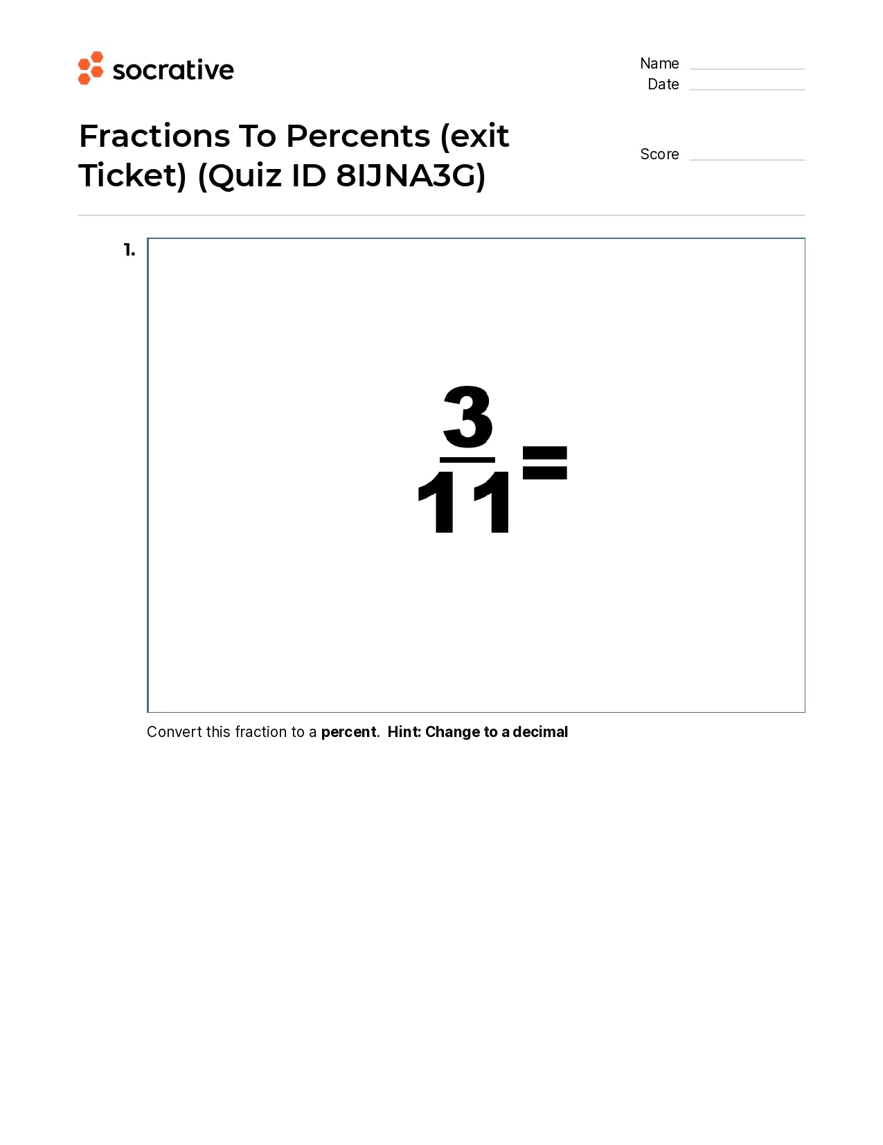 Fractions To Percents (Exit Ticket)