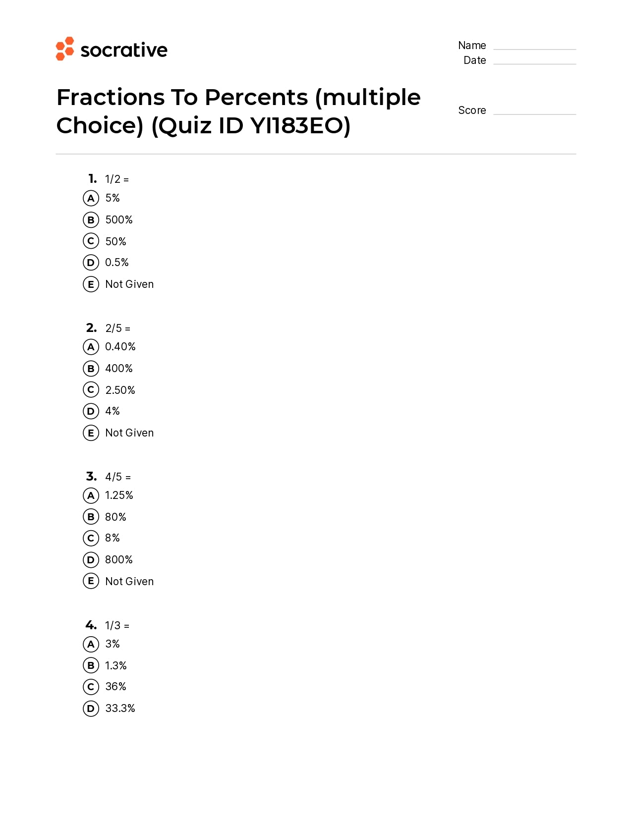 Fractions To Percents (Multiple Choice)