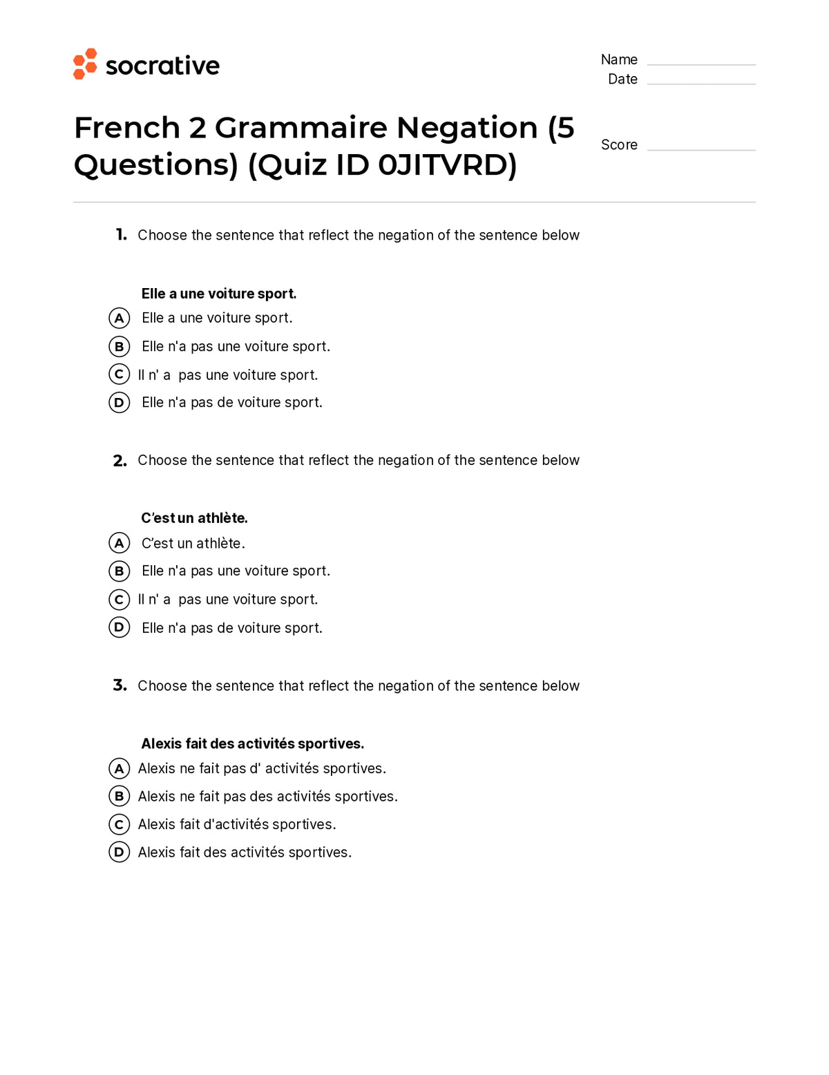 French 2 Grammaire Negation (5 Questions) – Quiz Shop