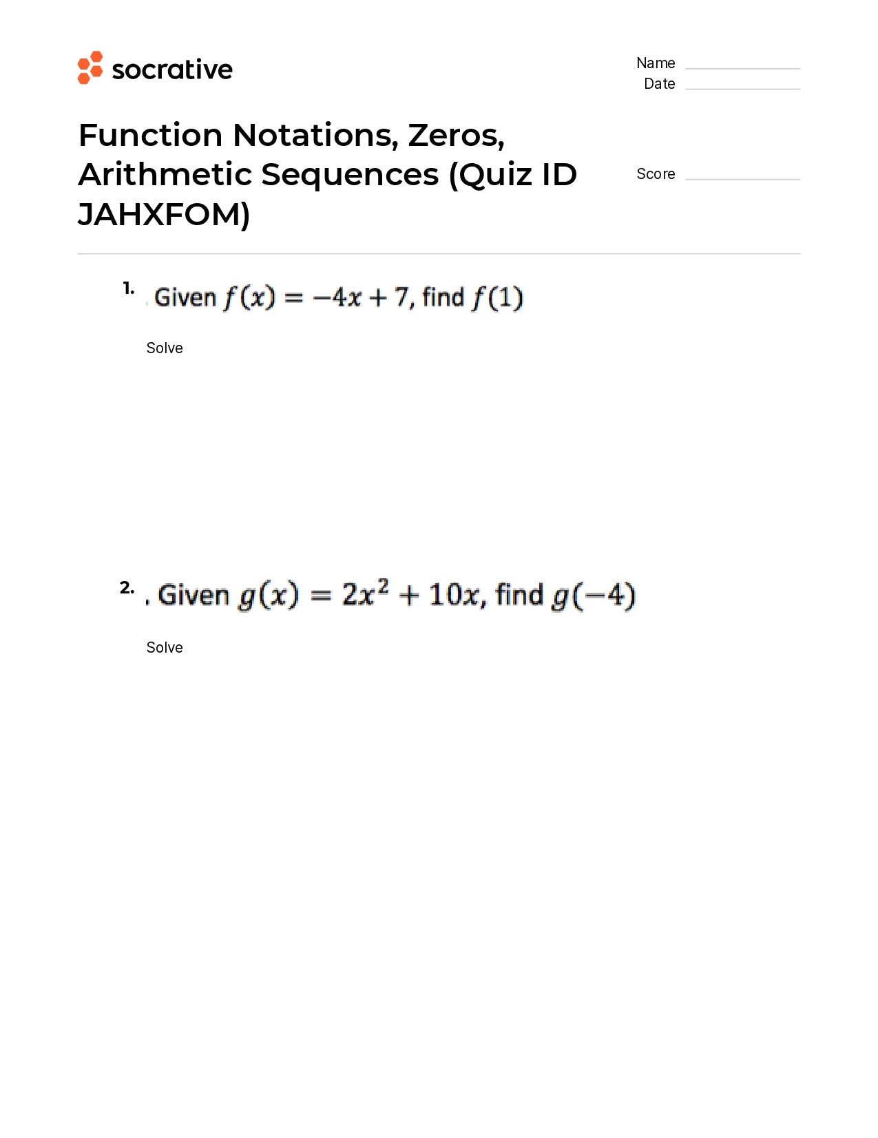 Function Notations Zeros Arithmetic Sequences