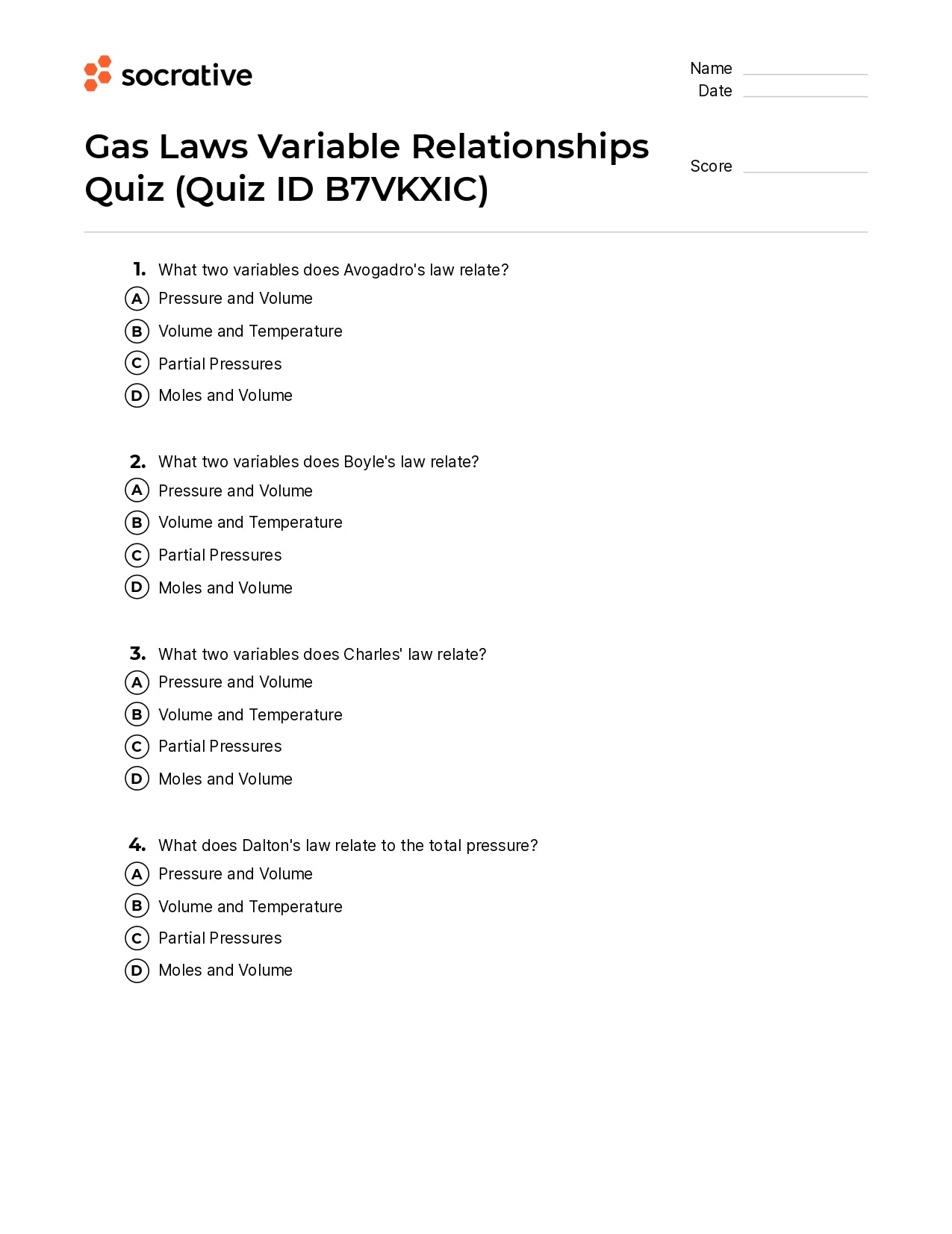 Gas Laws Variable Relationships Quiz