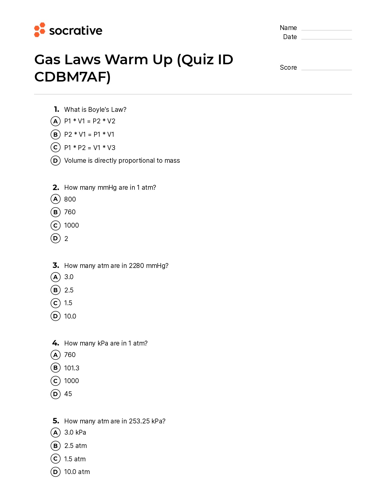 Gas Laws Warm Up