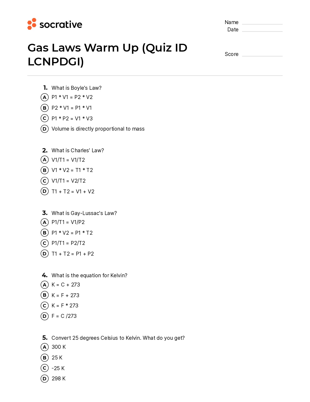 Gas Laws Warm Up