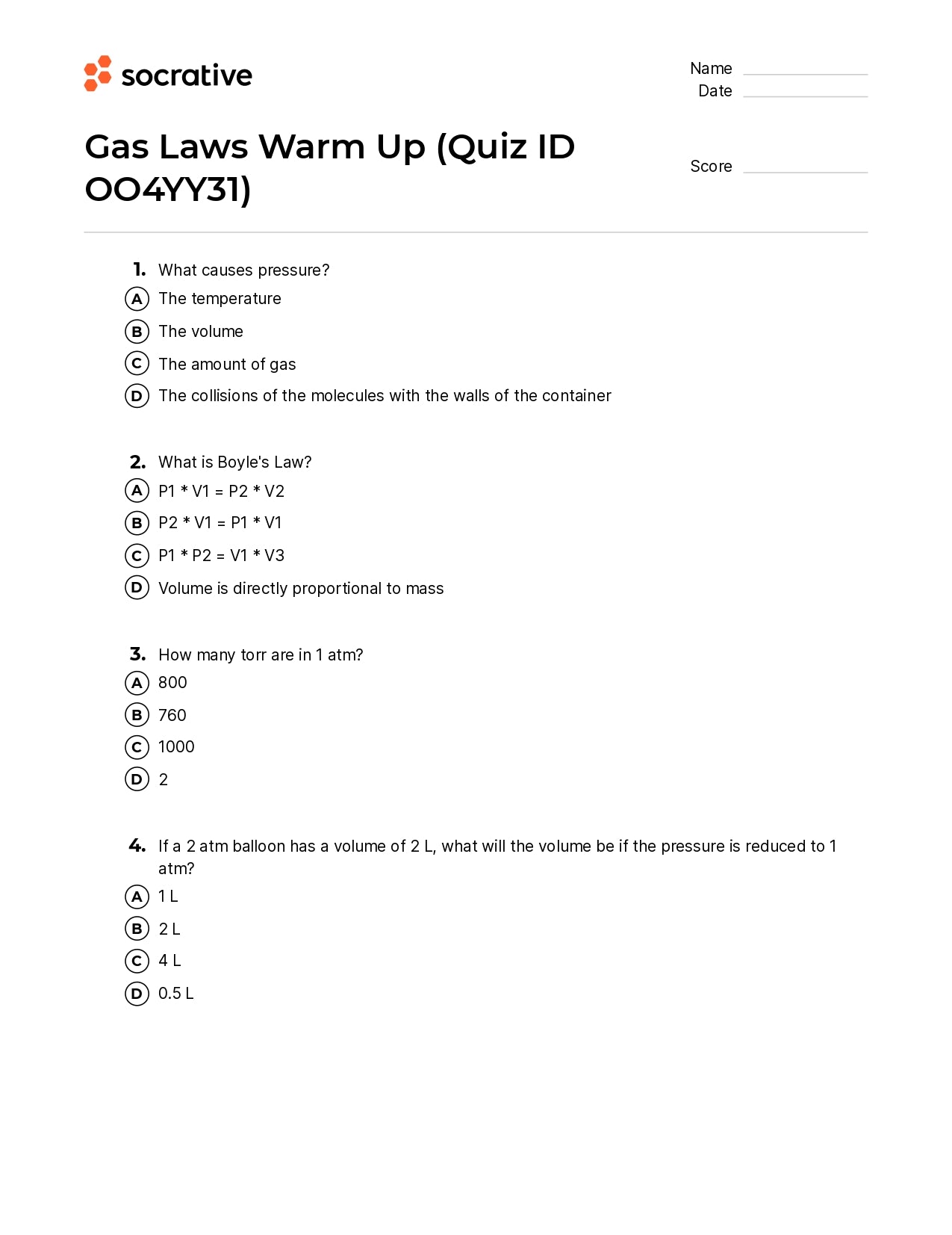 Gas Laws Warm Up
