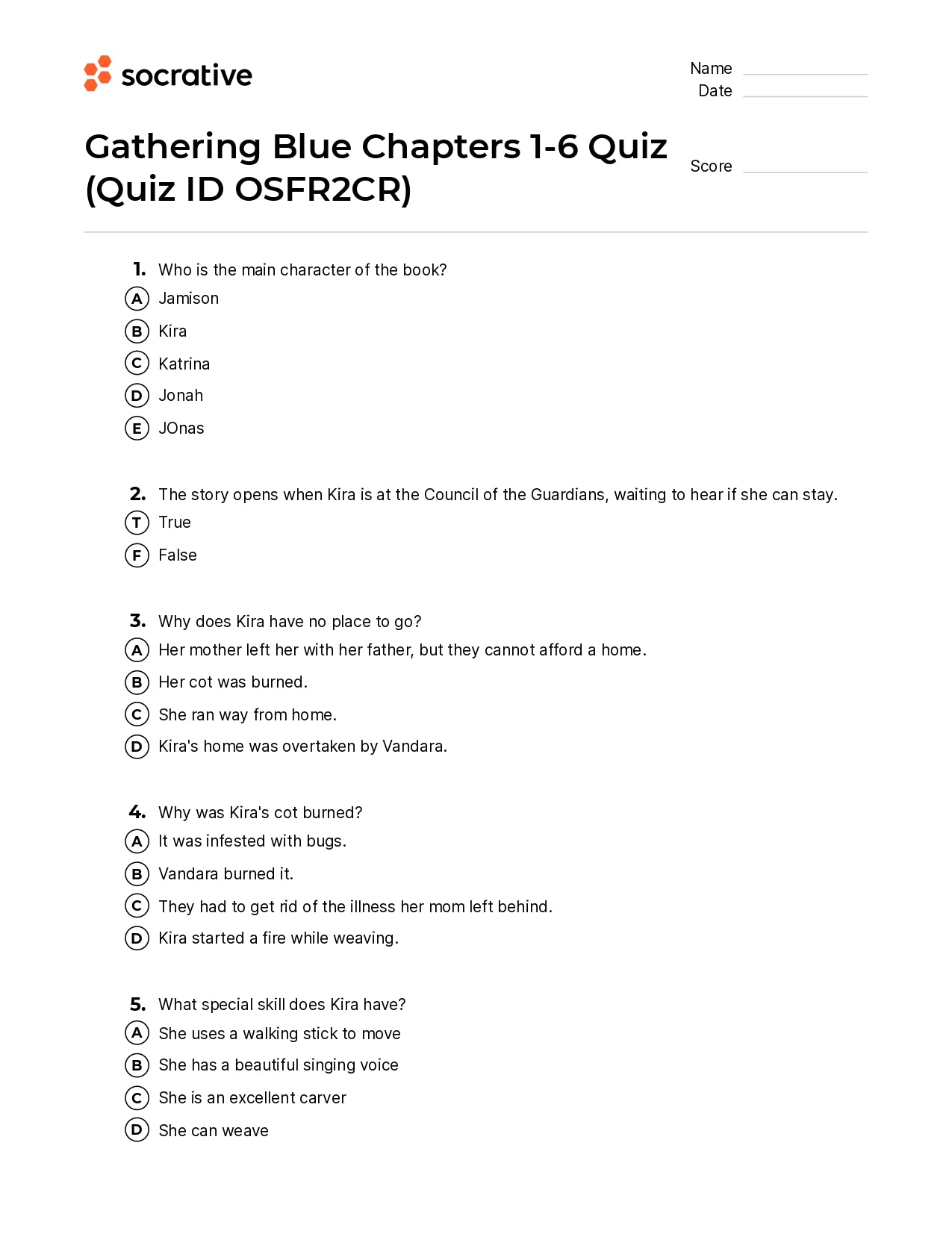 Gathering Blue Chapters 1-6 Quiz