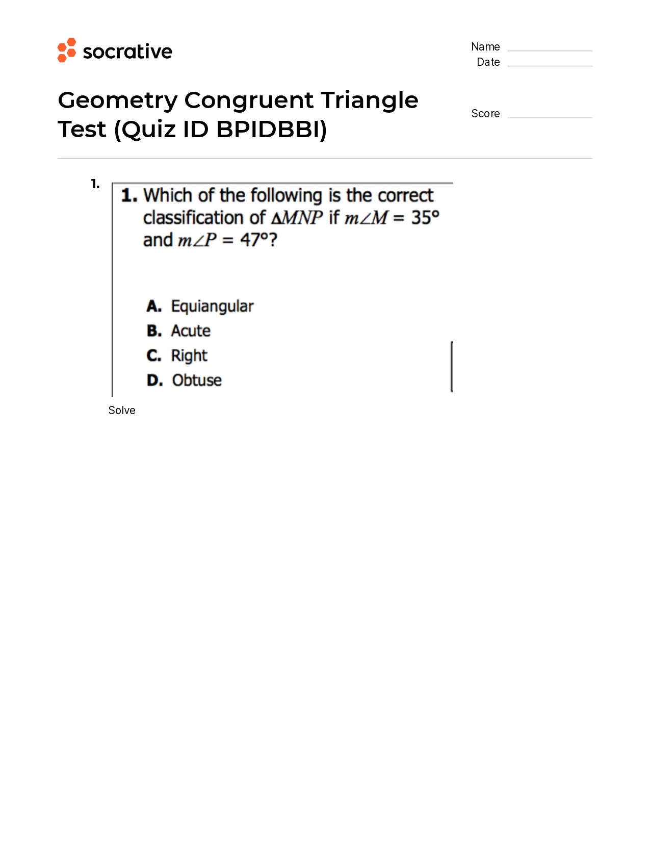 Geometry Congruent Triangle Test