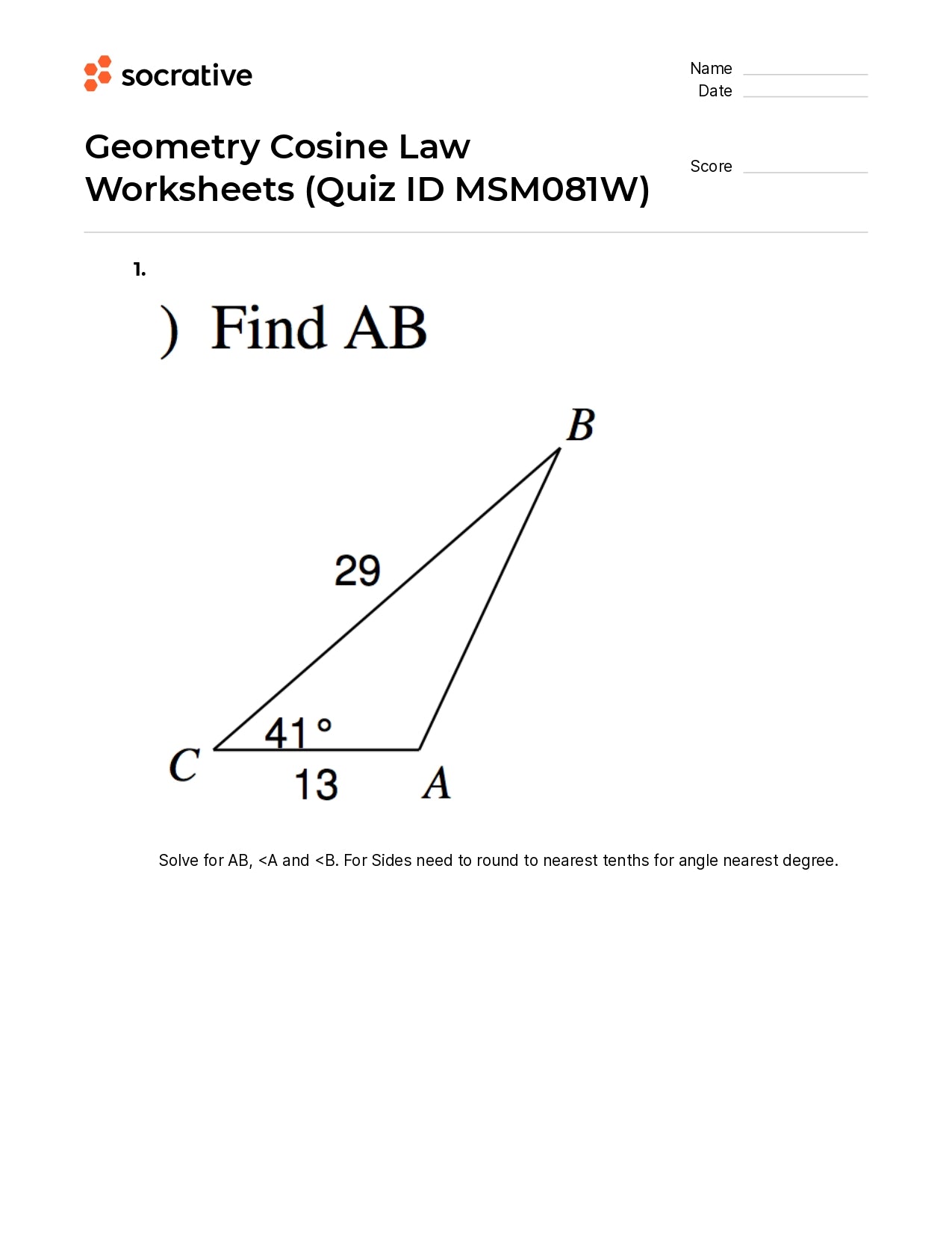 Geometry Cosine Law Worksheets