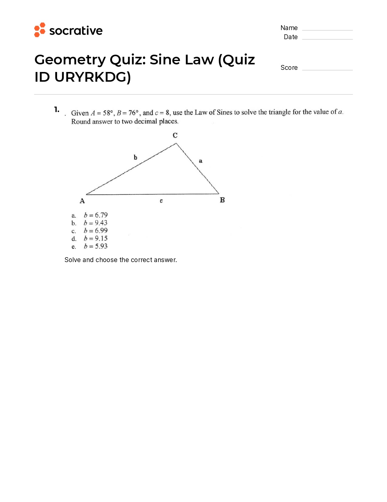 Geometry Quiz Sine Law
