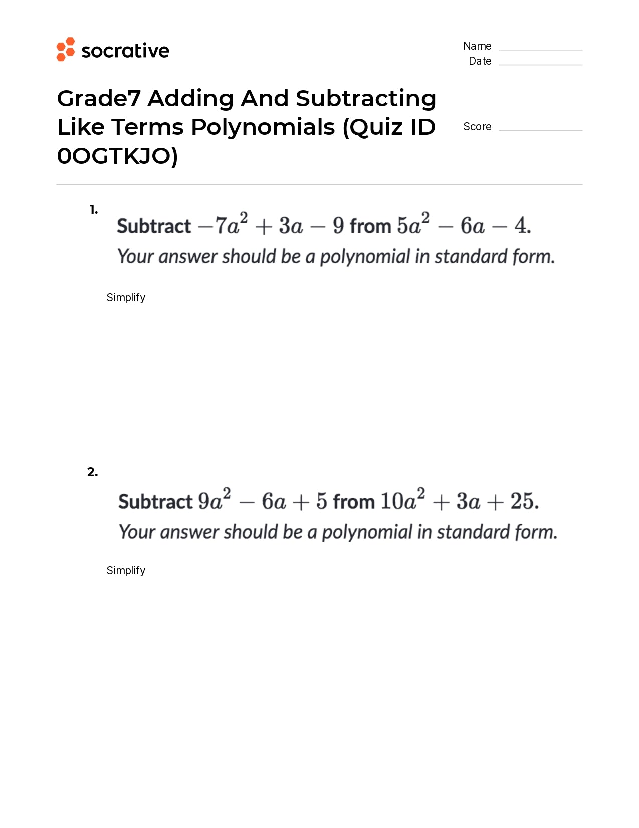 Grade7 Adding And Subtracting Like Terms Polynomials