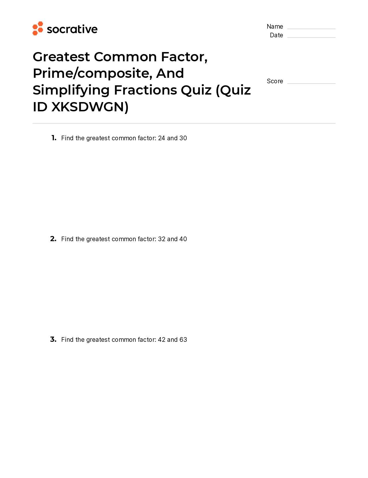 Greatest Common Factor Prime/Composite And Simplifying Fractions Quiz