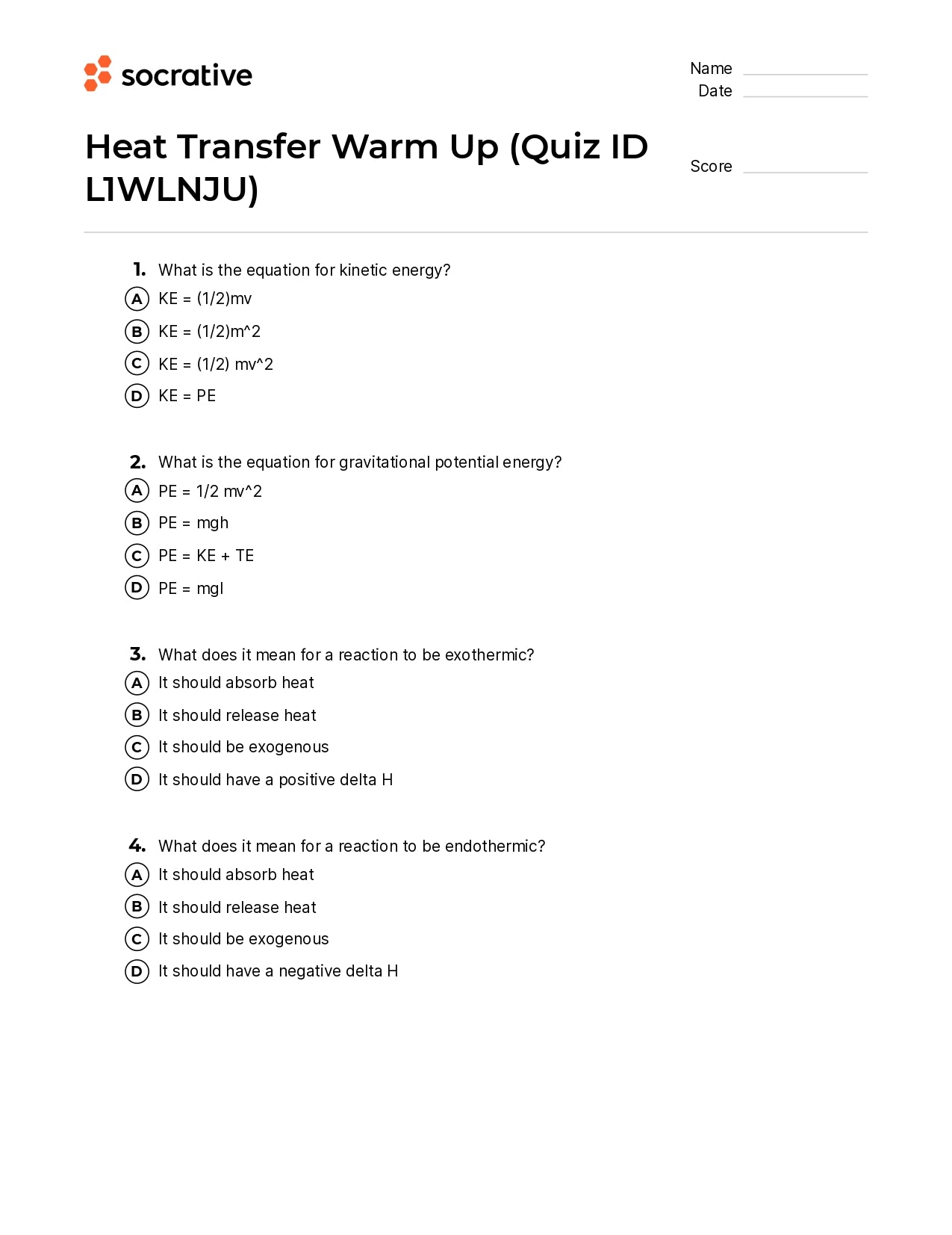 Heat Transfer Warm Up