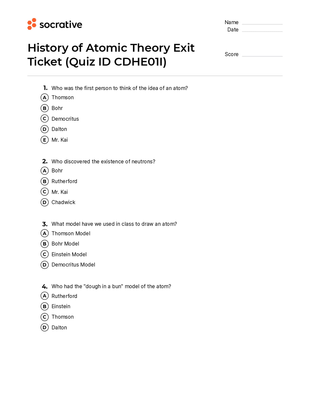 History Of Atomic Theory Exit Ticket Quiz Shop
