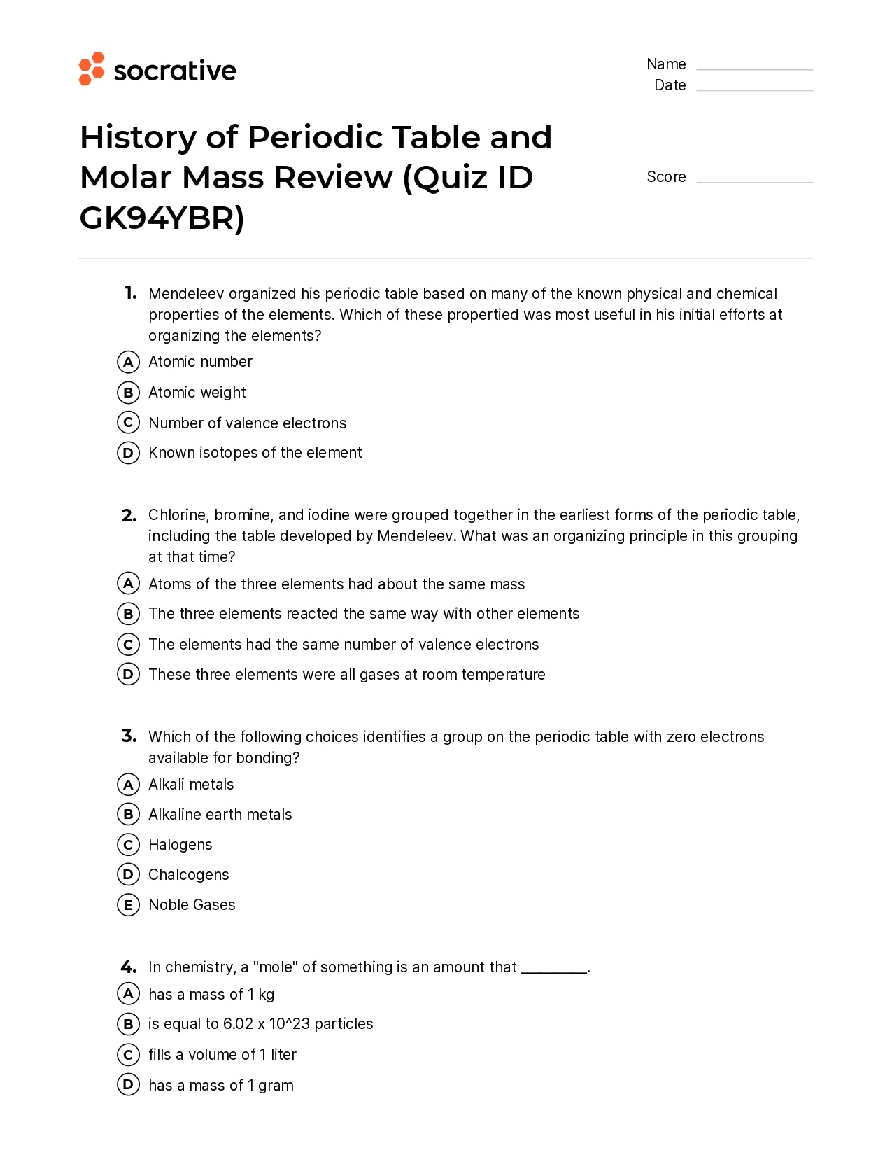 History Of Periodic Table And Molar Mass Review