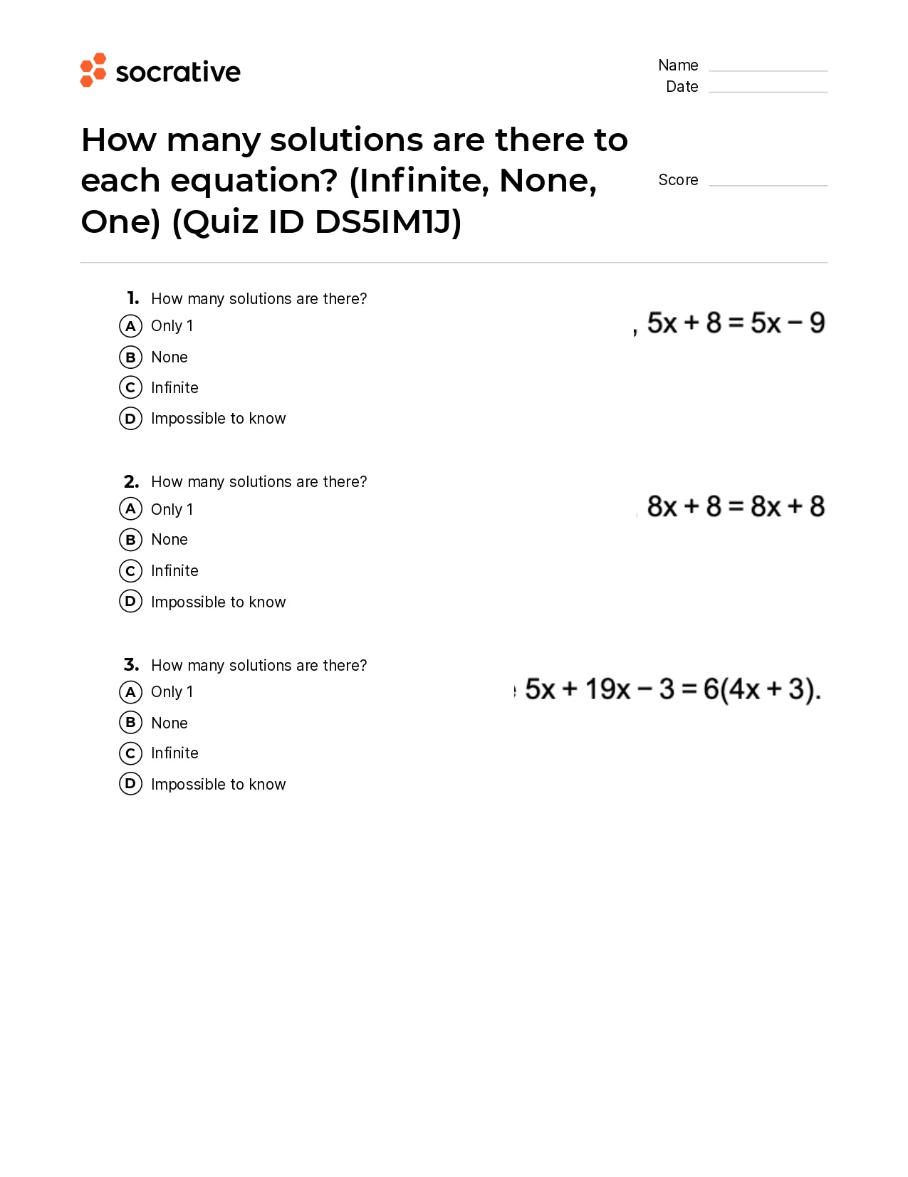 How Many Solutions Are There To Each Equation? (Infinite None One)