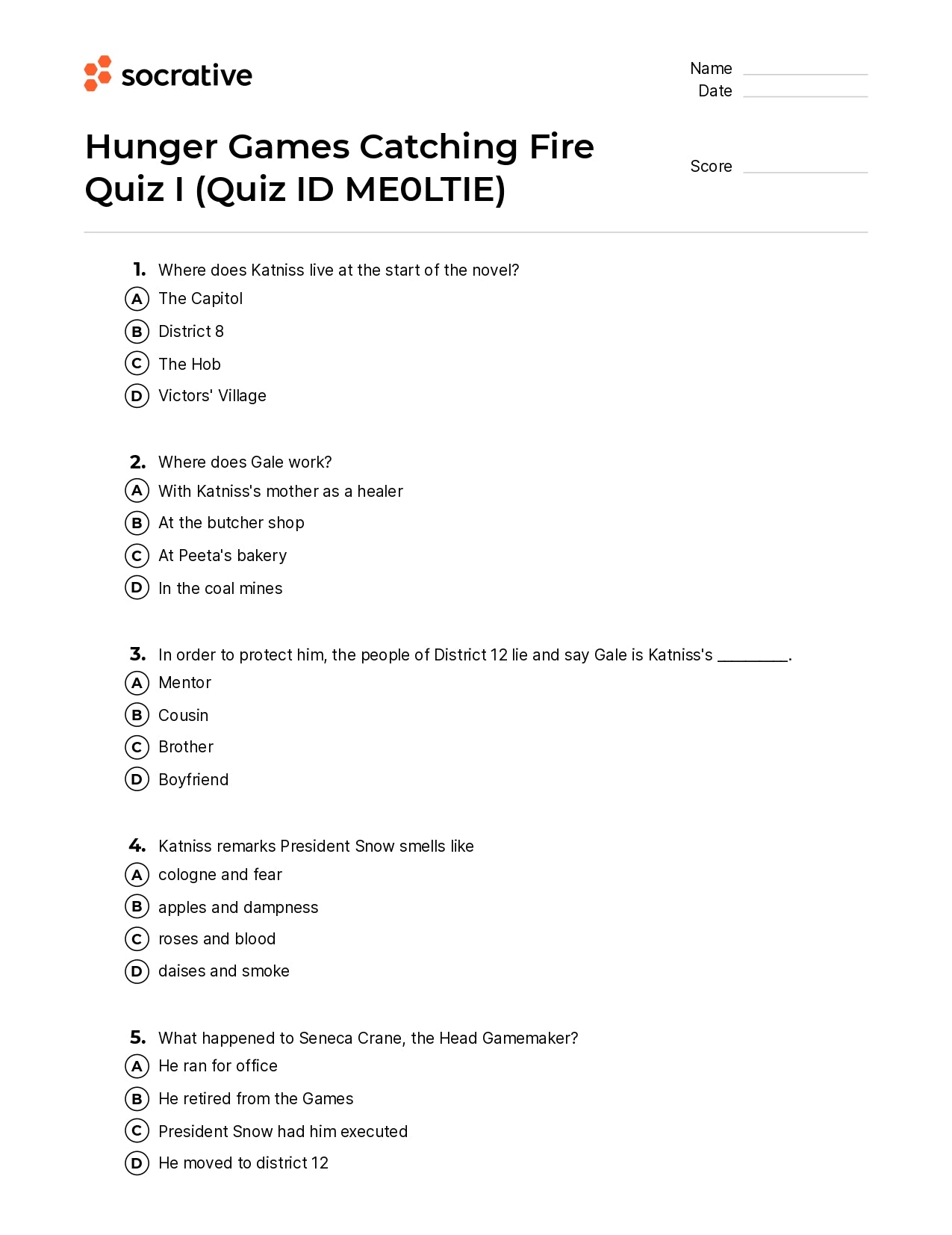 Hunger Games Catching Fire Quiz I