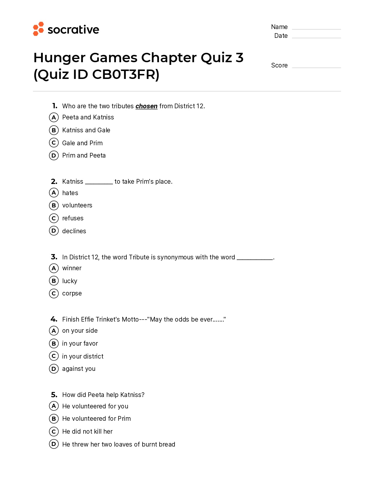 Hunger Games Chapter Quiz 3