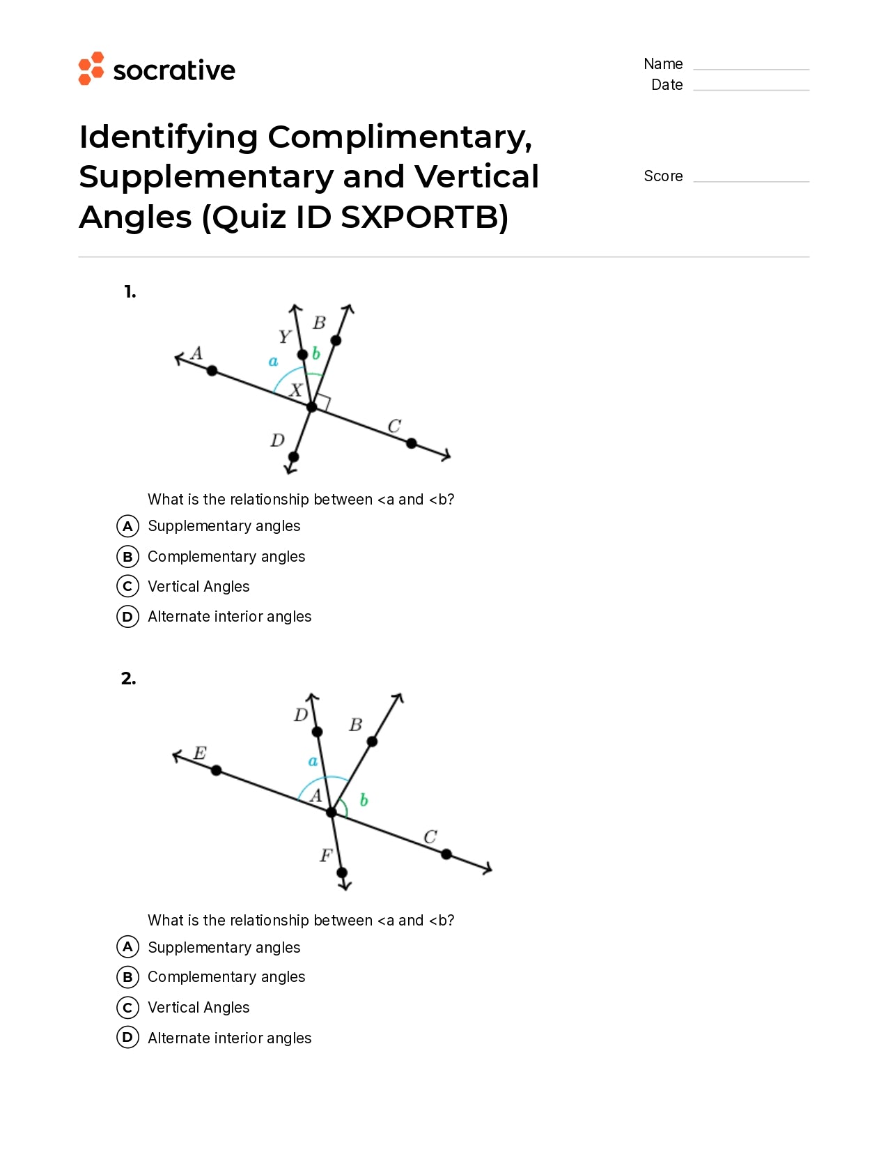 Identifying Complimentary Supplementary And Vertical Angles
