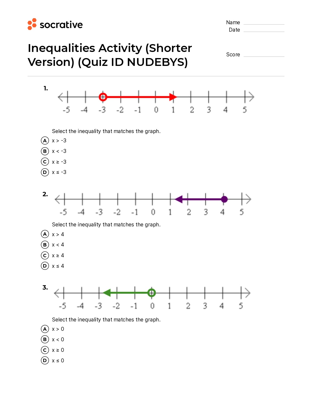 Inequalities Activity (Shorter Version)