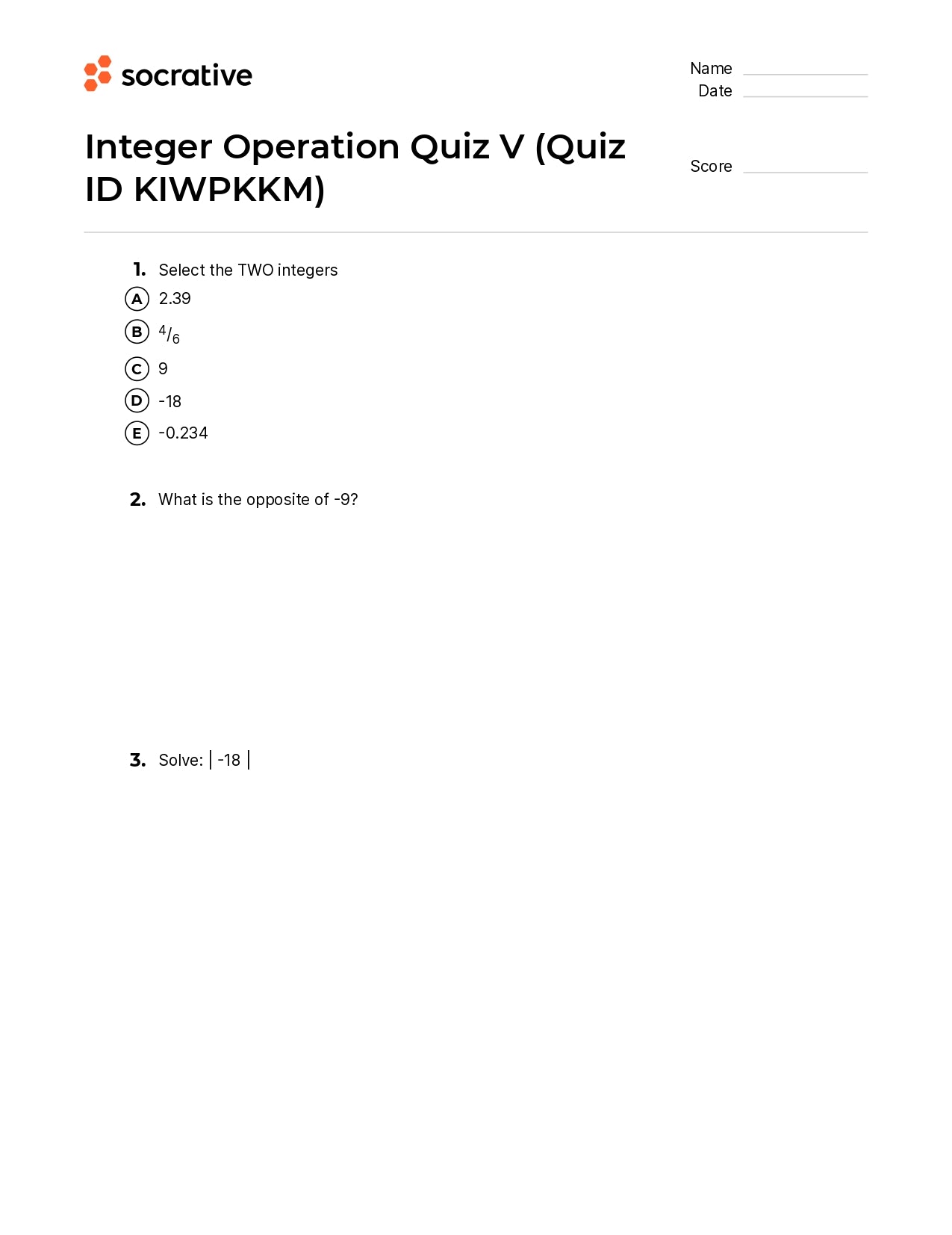 Integer Operation Quiz V
