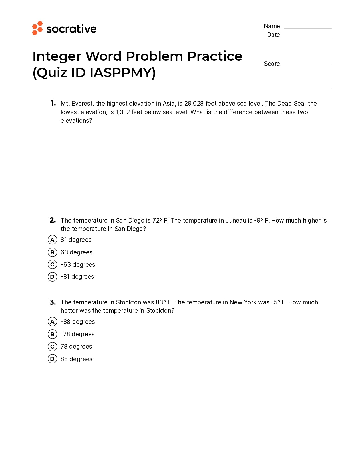 Integers Worksheet Word Problems