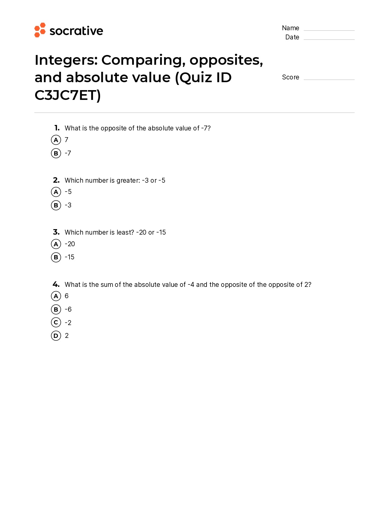 Integers Comparing Opposites And Absolute Value