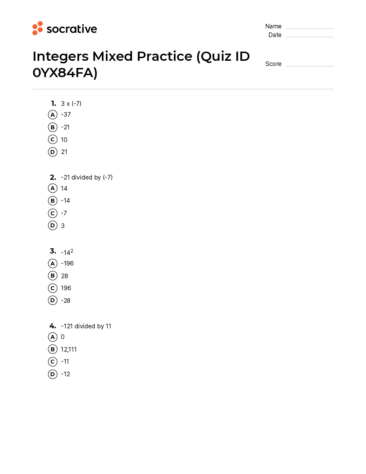 Integers Mixed Practice