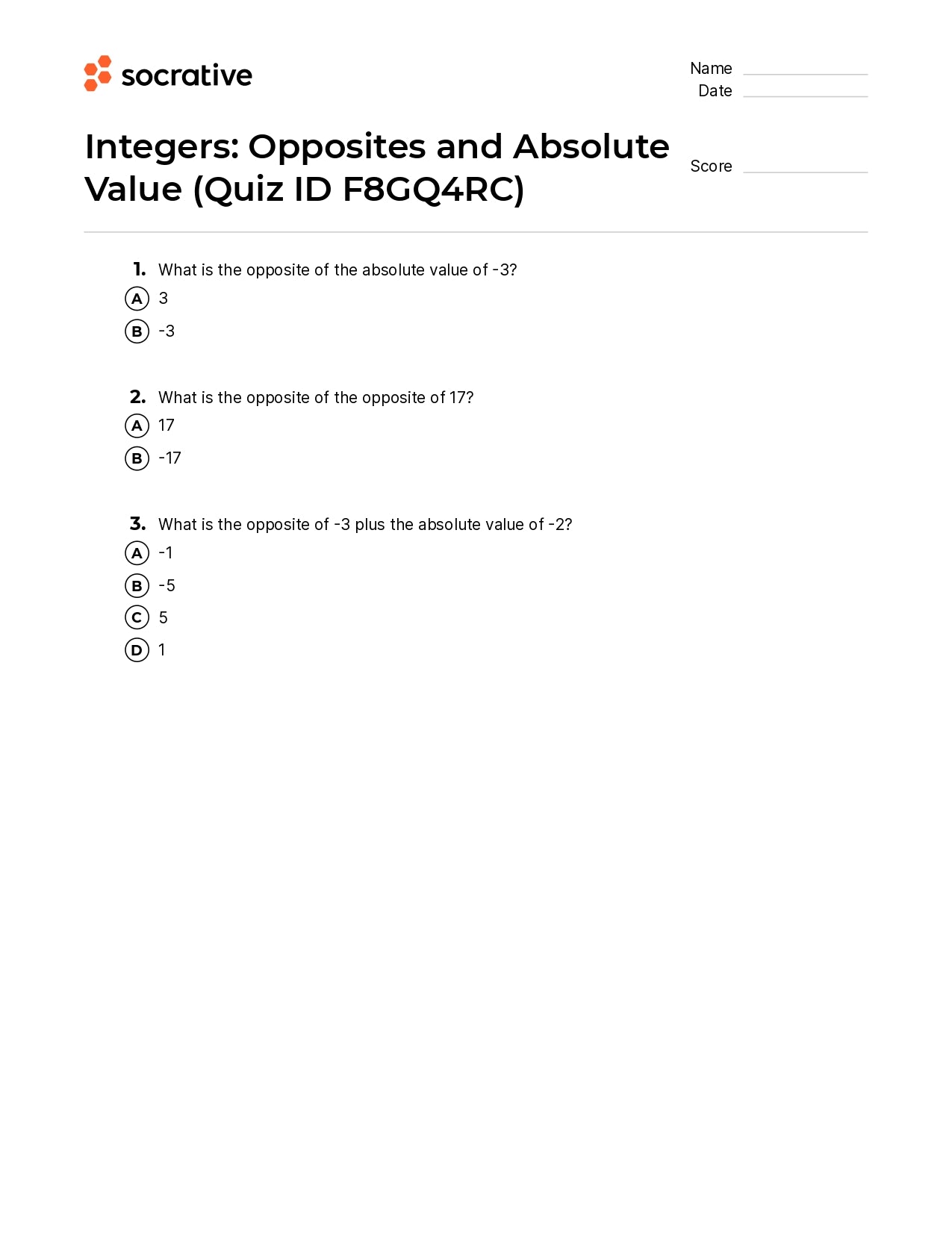 Integers Opposites And Absolute Value