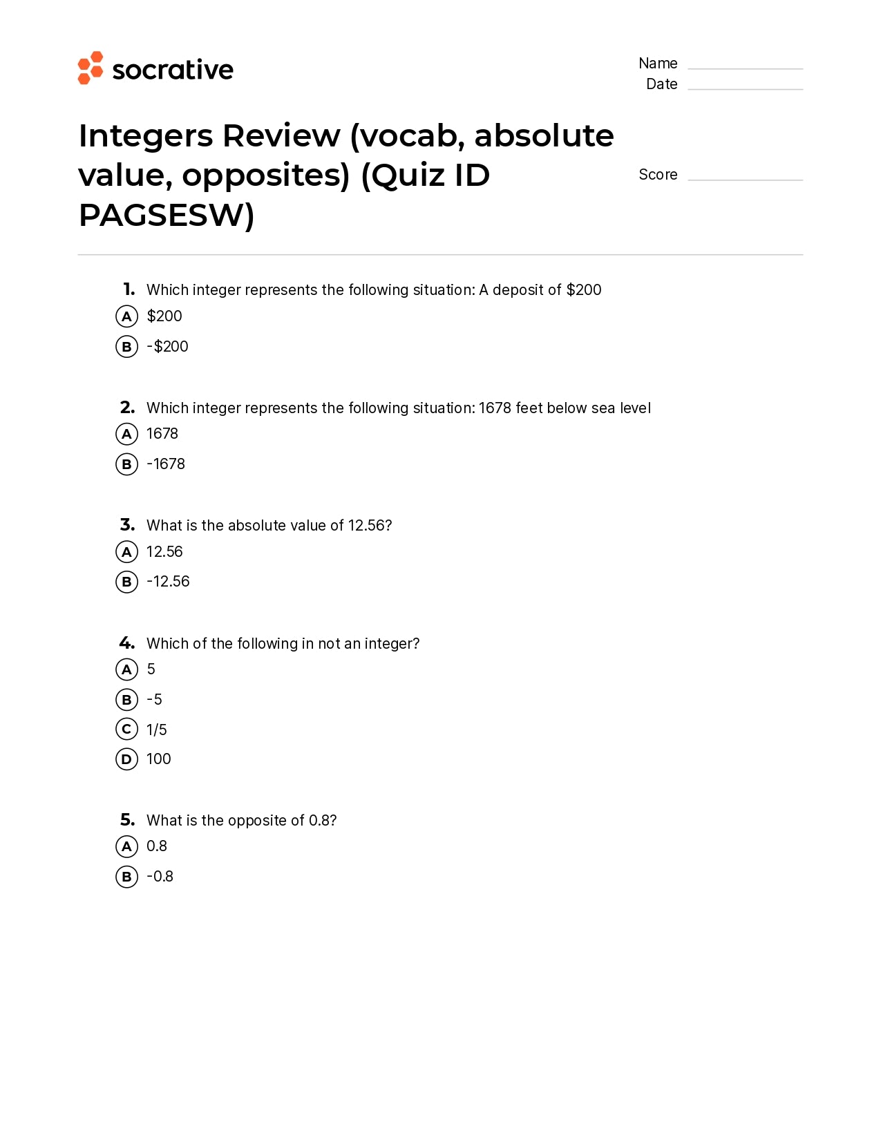 Integers Review (Vocab Absolute Value Opposites)