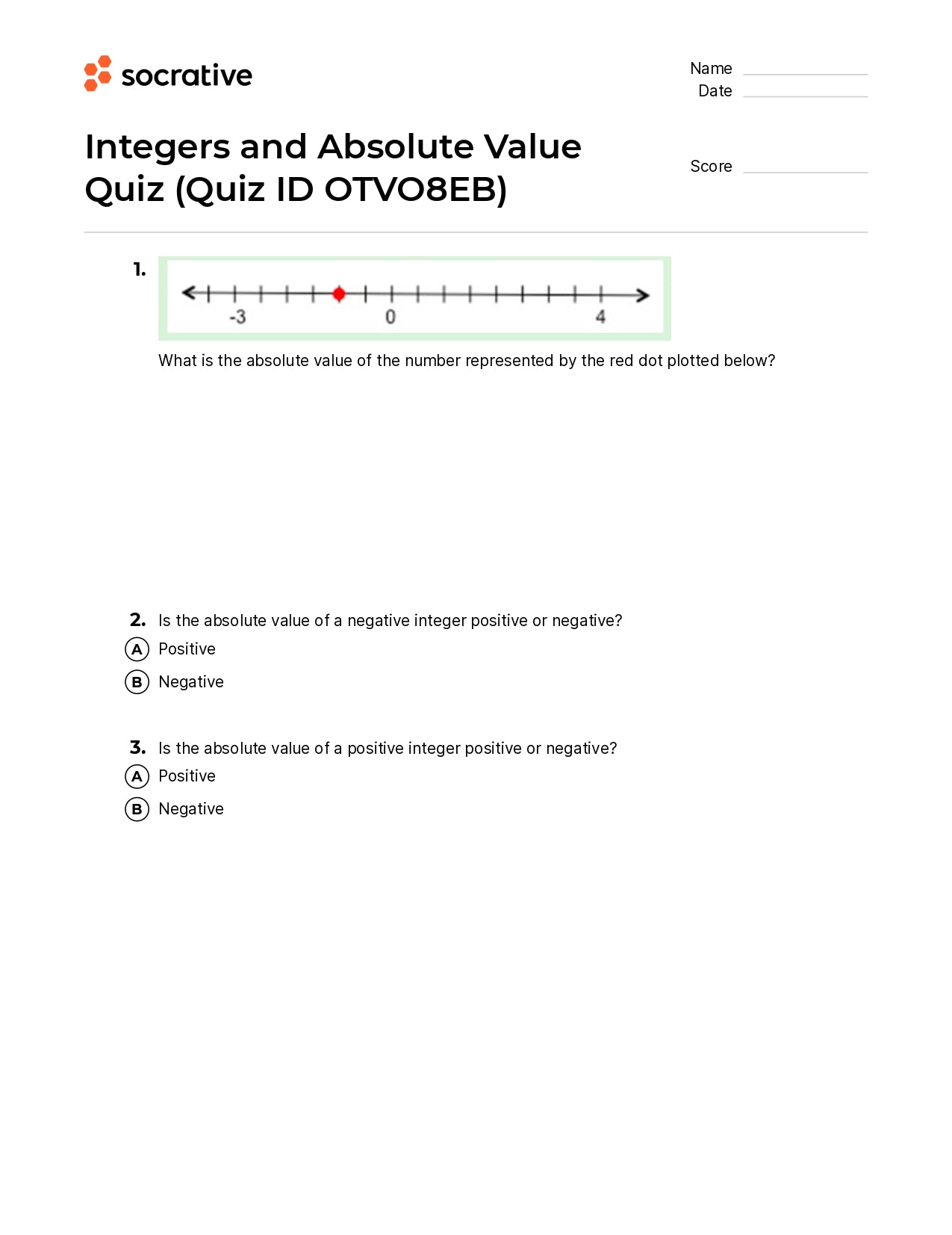 Integers And Absolute Value Quiz