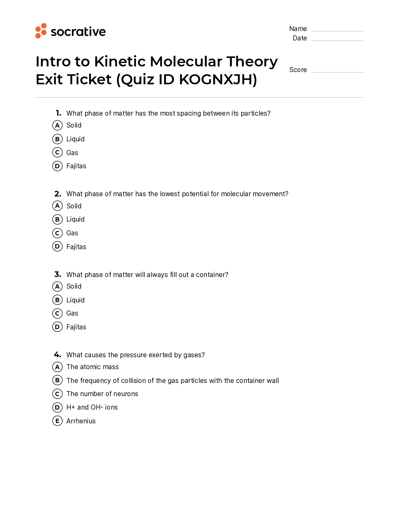 Intro To Kinetic Molecular Theory Exit Ticket