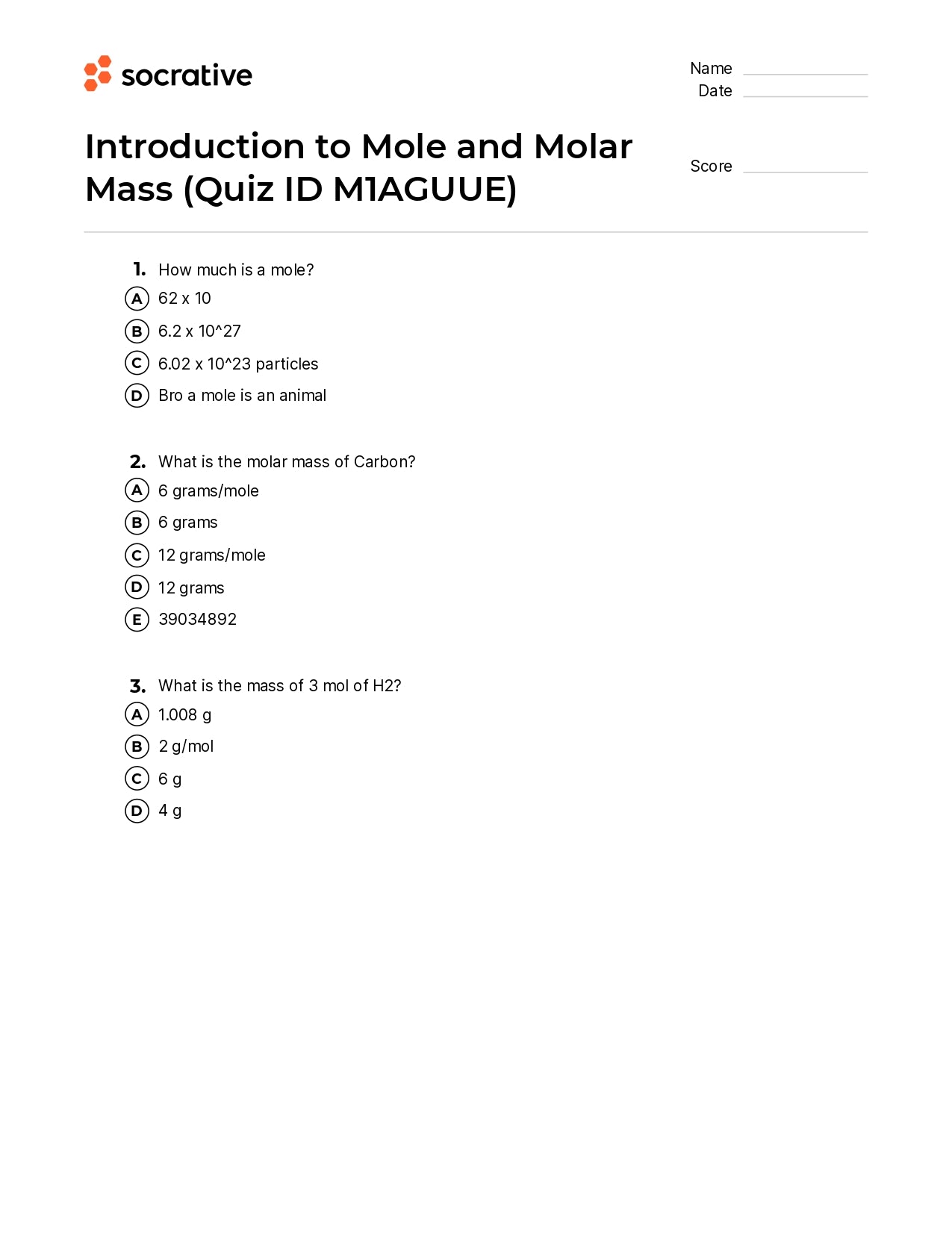 Introduction To Mole And Molar Mass