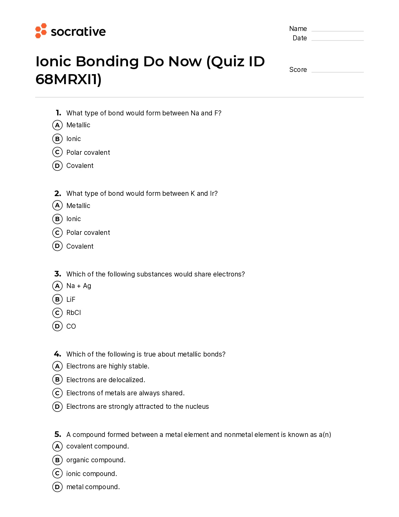 Ionic Bonding Do Now