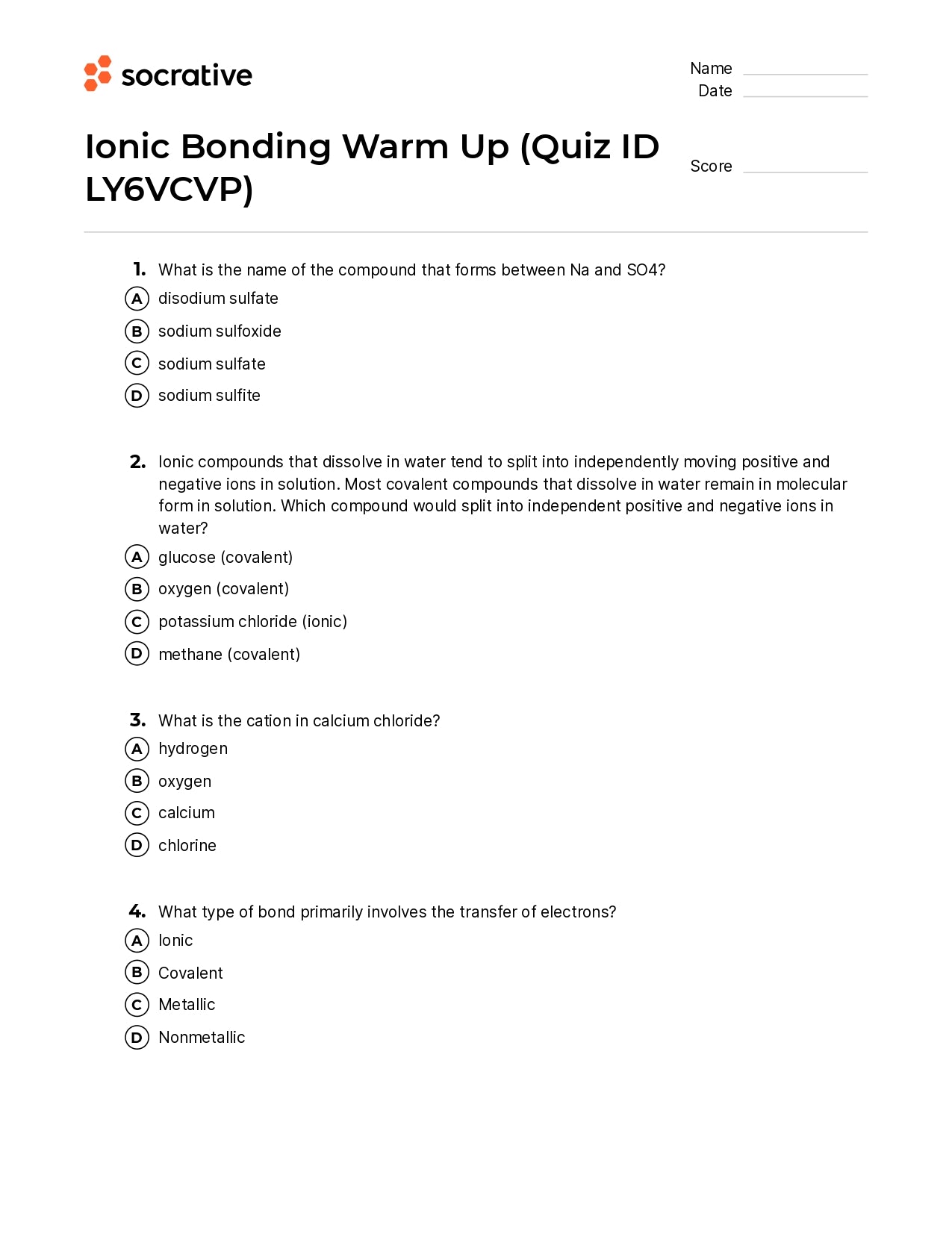 Ionic Bonding Warm Up