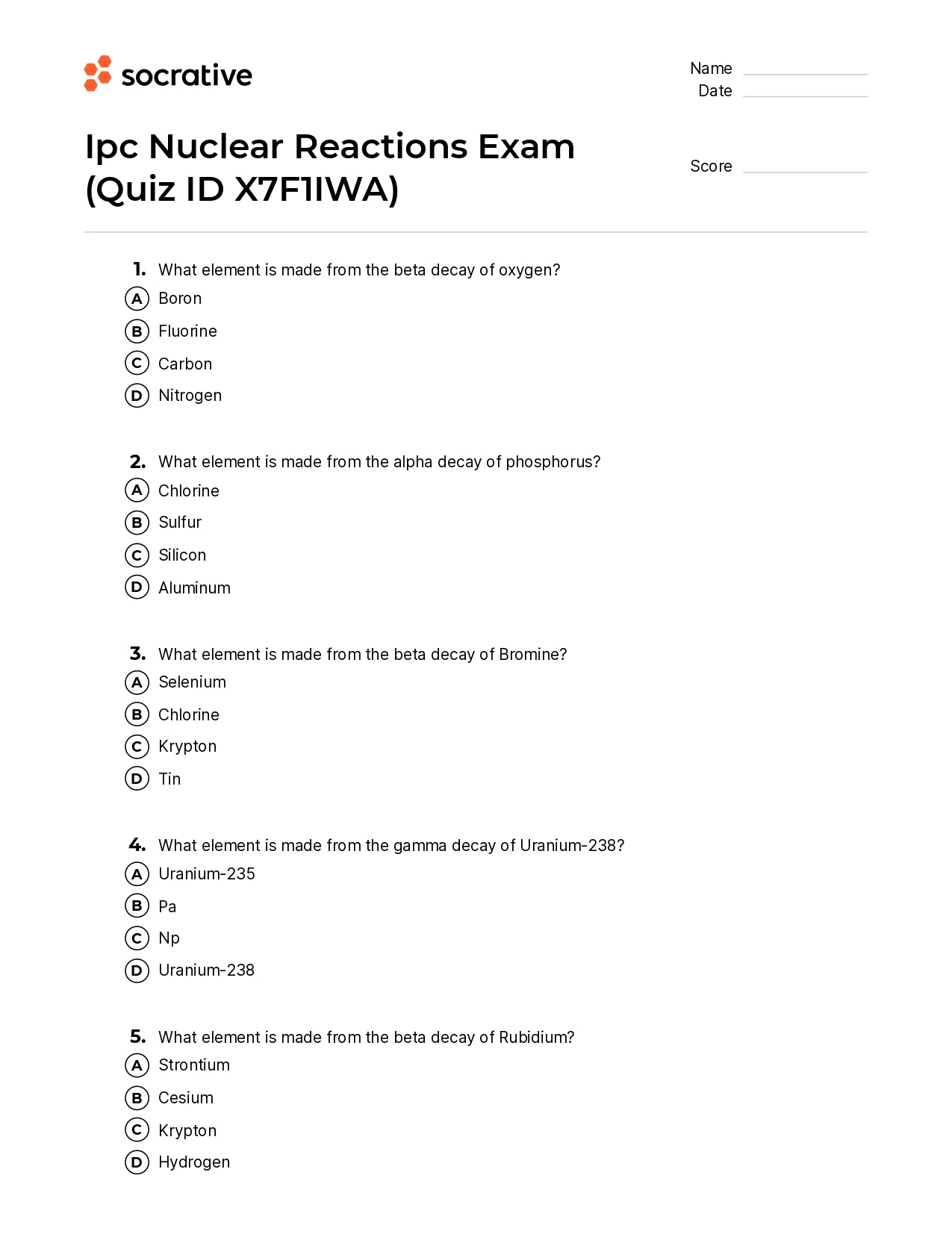 Ipc Nuclear Reactions Exam