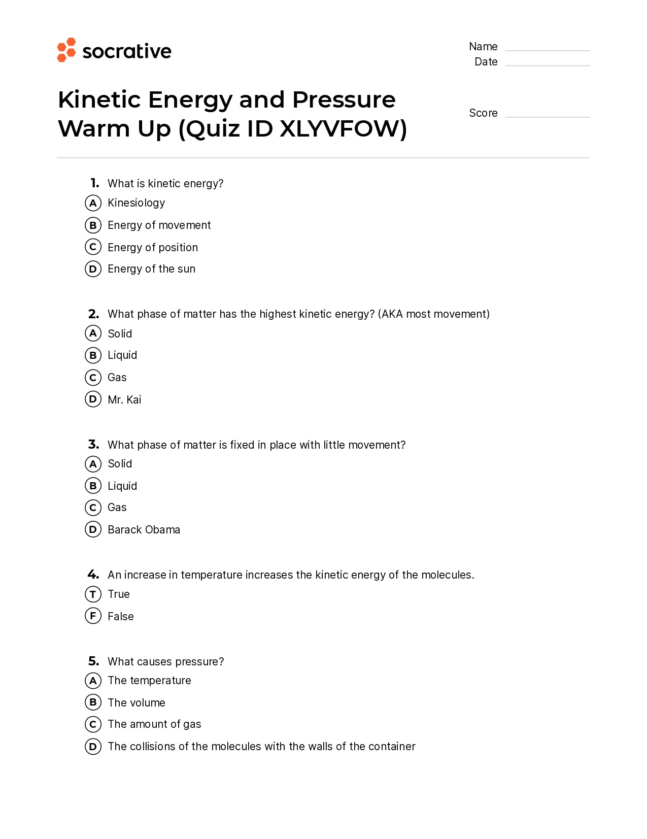 Kinetic Energy And Pressure Warm Up