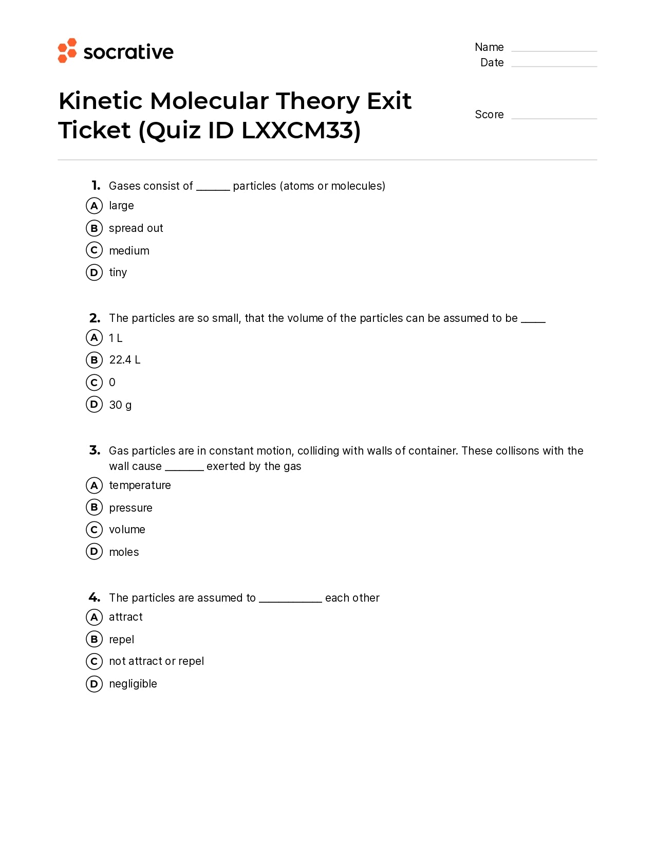 Kinetic Molecular Theory Exit Ticket