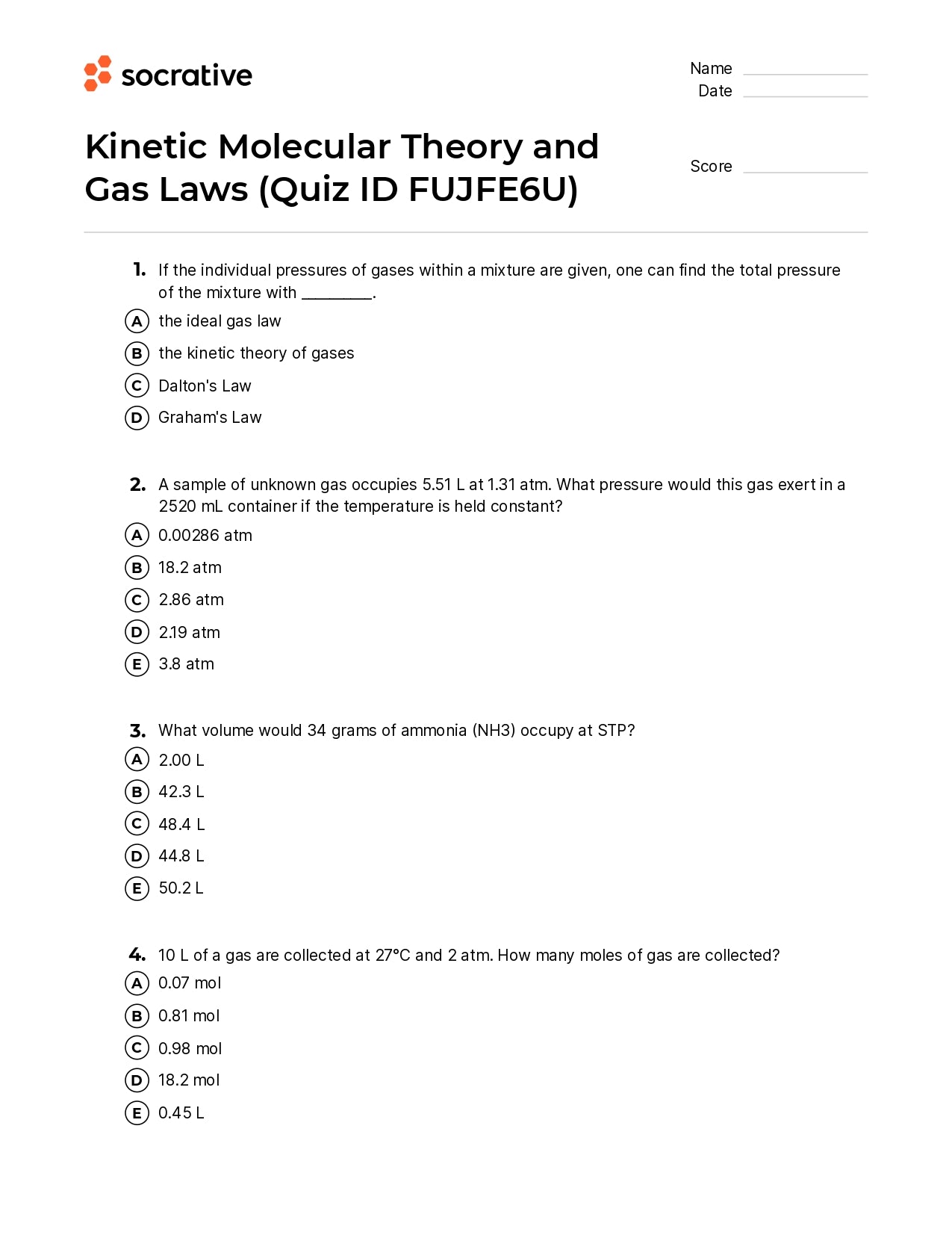 Kinetic Molecular Theory And Gas Laws