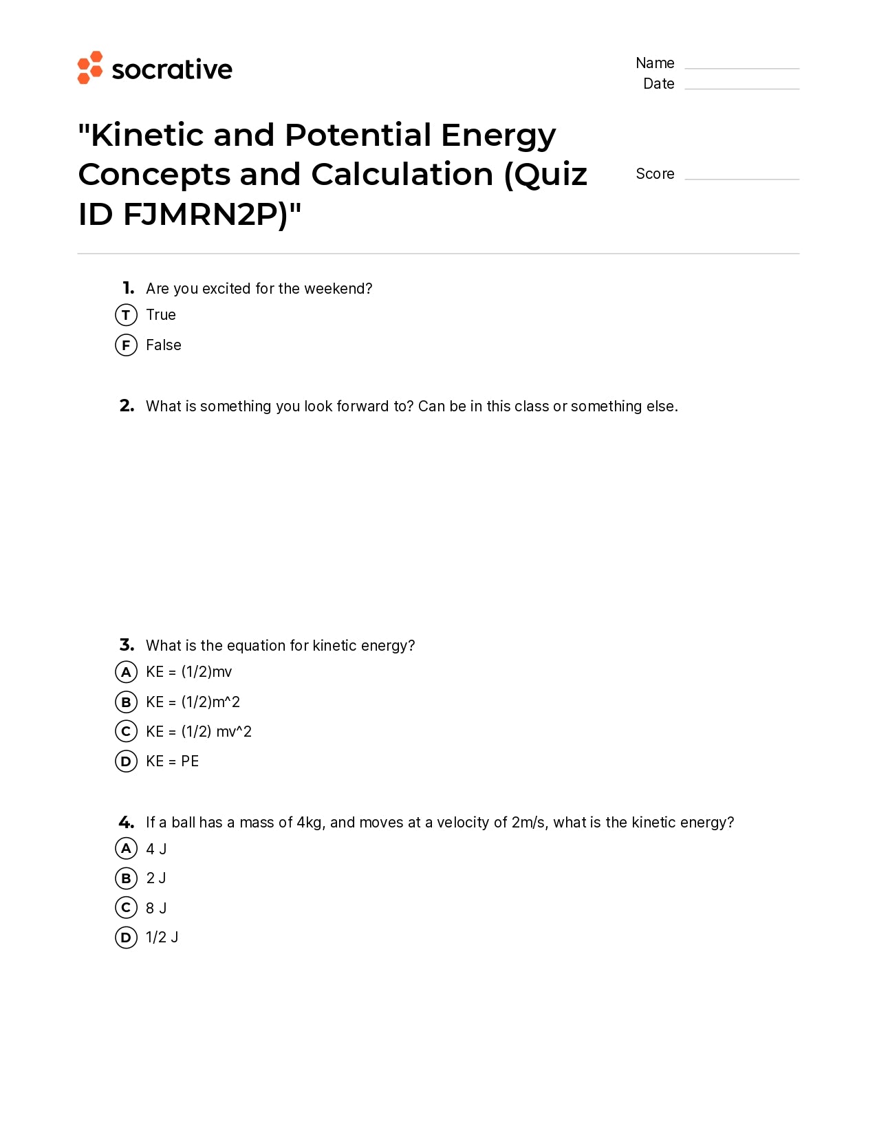 Kinetic And Potential Energy Concepts And Calculation