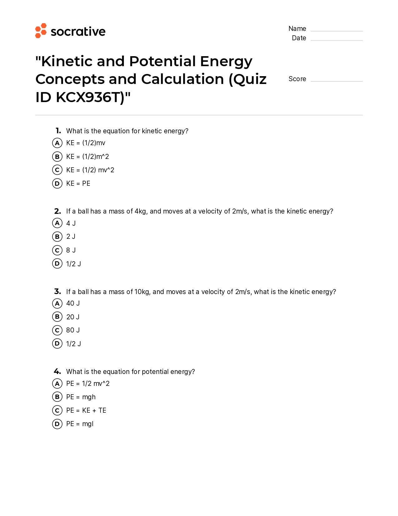 Kinetic And Potential Energy Concepts And Calculation