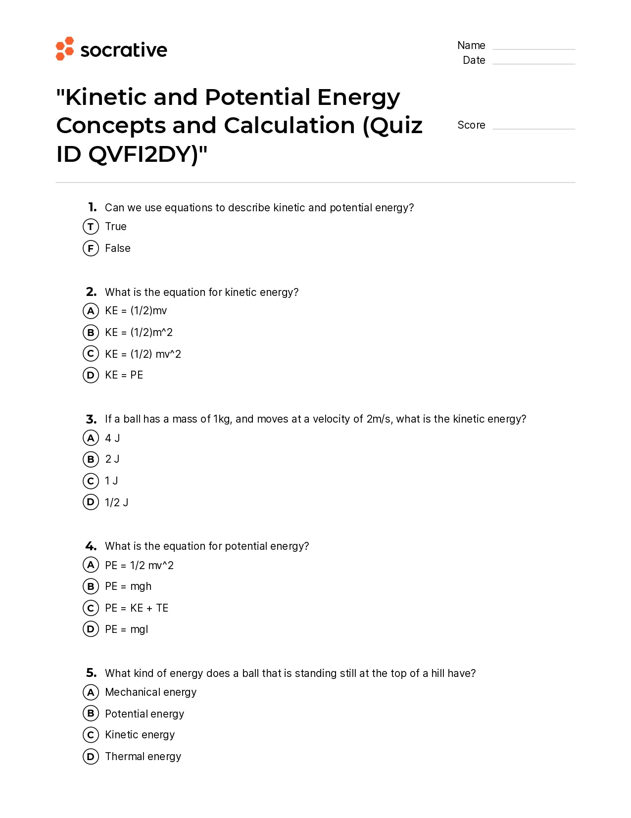 Kinetic And Potential Energy Concepts And Calculation