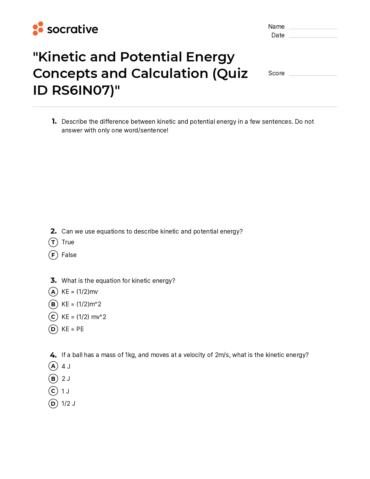 Kinetic And Potential Energy Concepts And Calculation