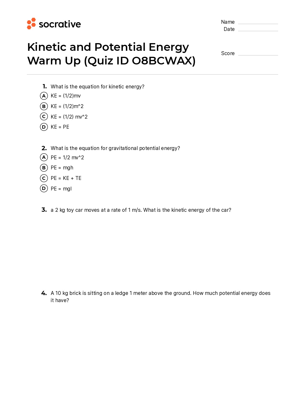 Kinetic And Potential Energy Warm Up