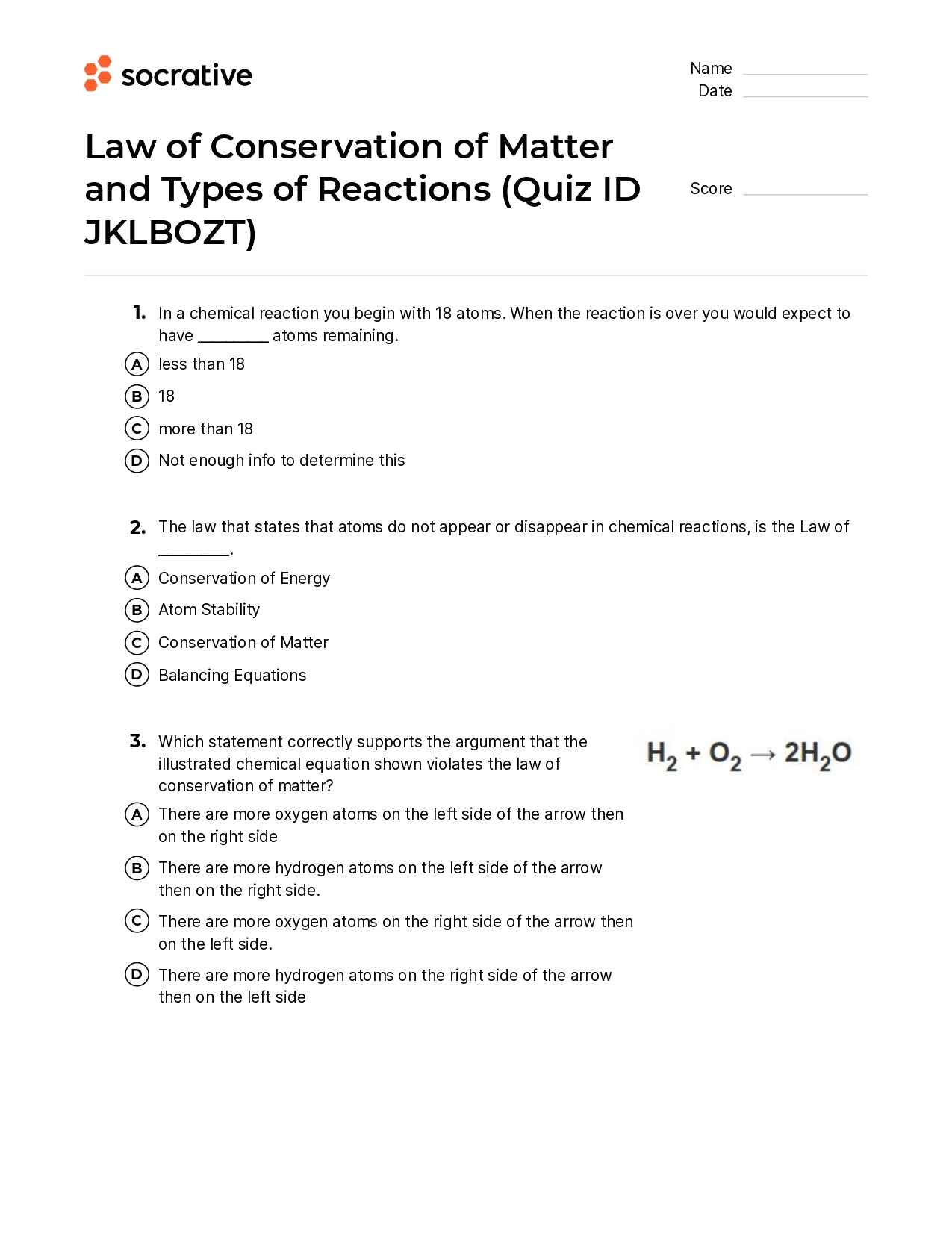Law Of Conservation Of Matter And Types Of Reactions